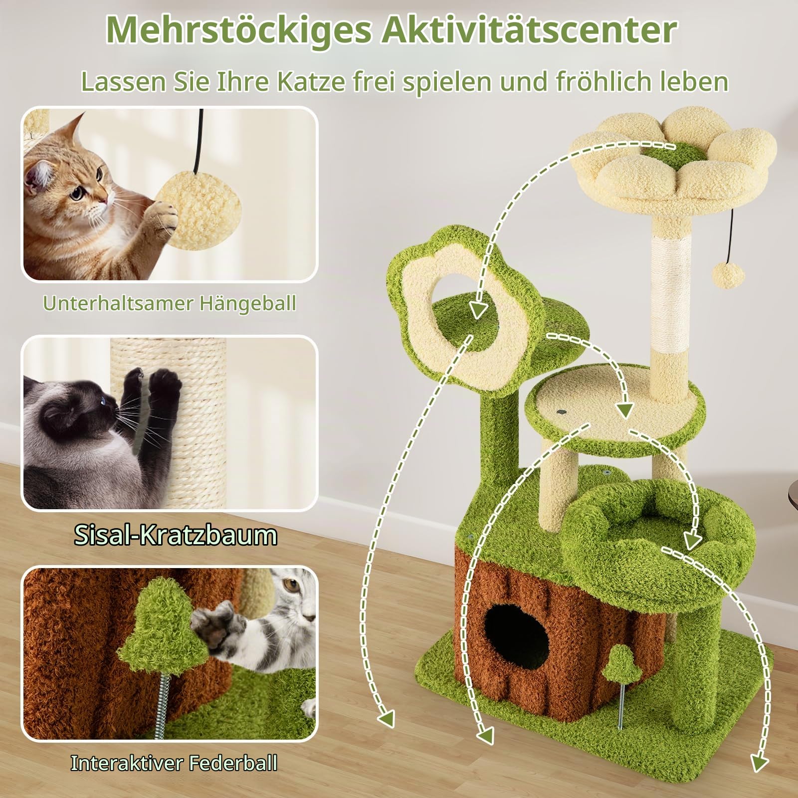 FANTASK Mehrstufiger Katzenbaum, Kratzbaum mit Katzenhöhle, Plattformen, Plüsch-Schlafbett, Ball & Kratzsäule, Katzenmöbel, Grün + Braun (55 x 40 x 100 cm)