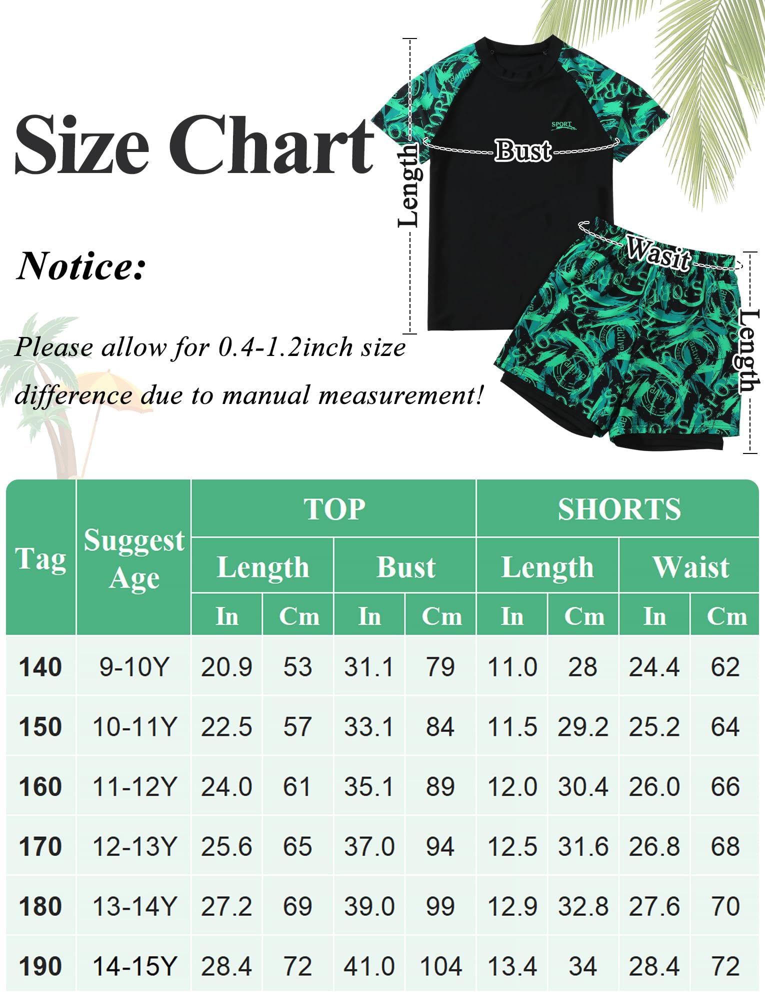 Maeau Maillot de Bain Enfant Ensemble 2 pcs Maillot de Bain +Shorts Maillot De Bain Natation/Plage/Piscine Confortable 9-15 Ans/140-190 CM