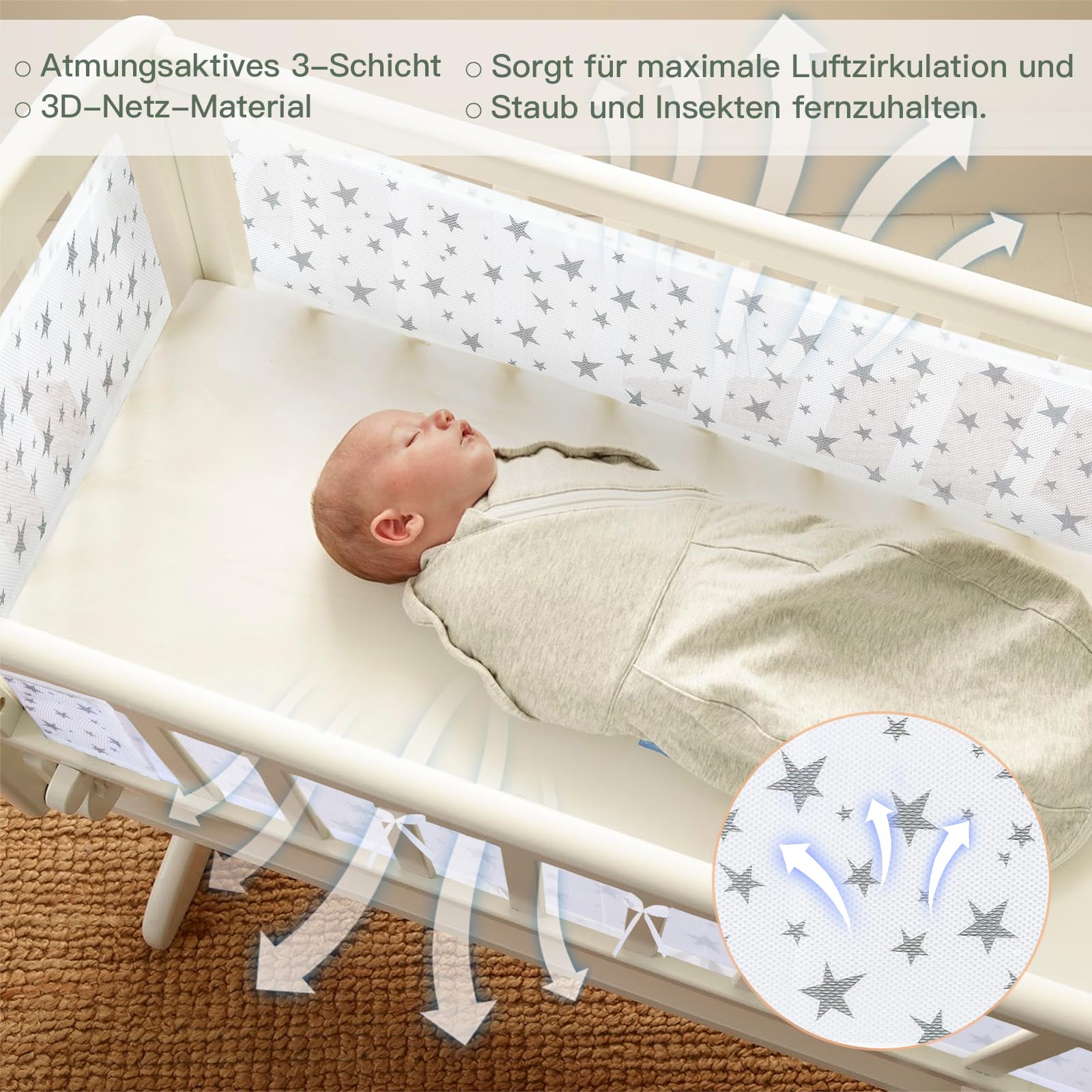 Sour Lemon Lot de 2 tours de lit pour bébé - Doublure en maille 3D - Respirantes - Anti-flux d'air - Étoile