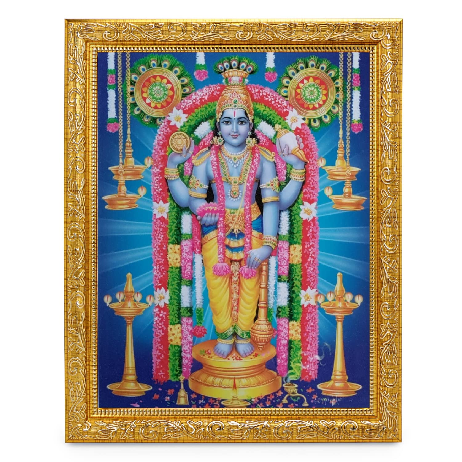 Guruvayur God Shri Guruvayurappan/Lord Krishna Divine Holy Blessing Beautiful Sparkle Print Elegant Photo In Golden Artwork Wall Hanging Frame (11 X 13 Inch) OR (27.94 X 33.02 Cm)