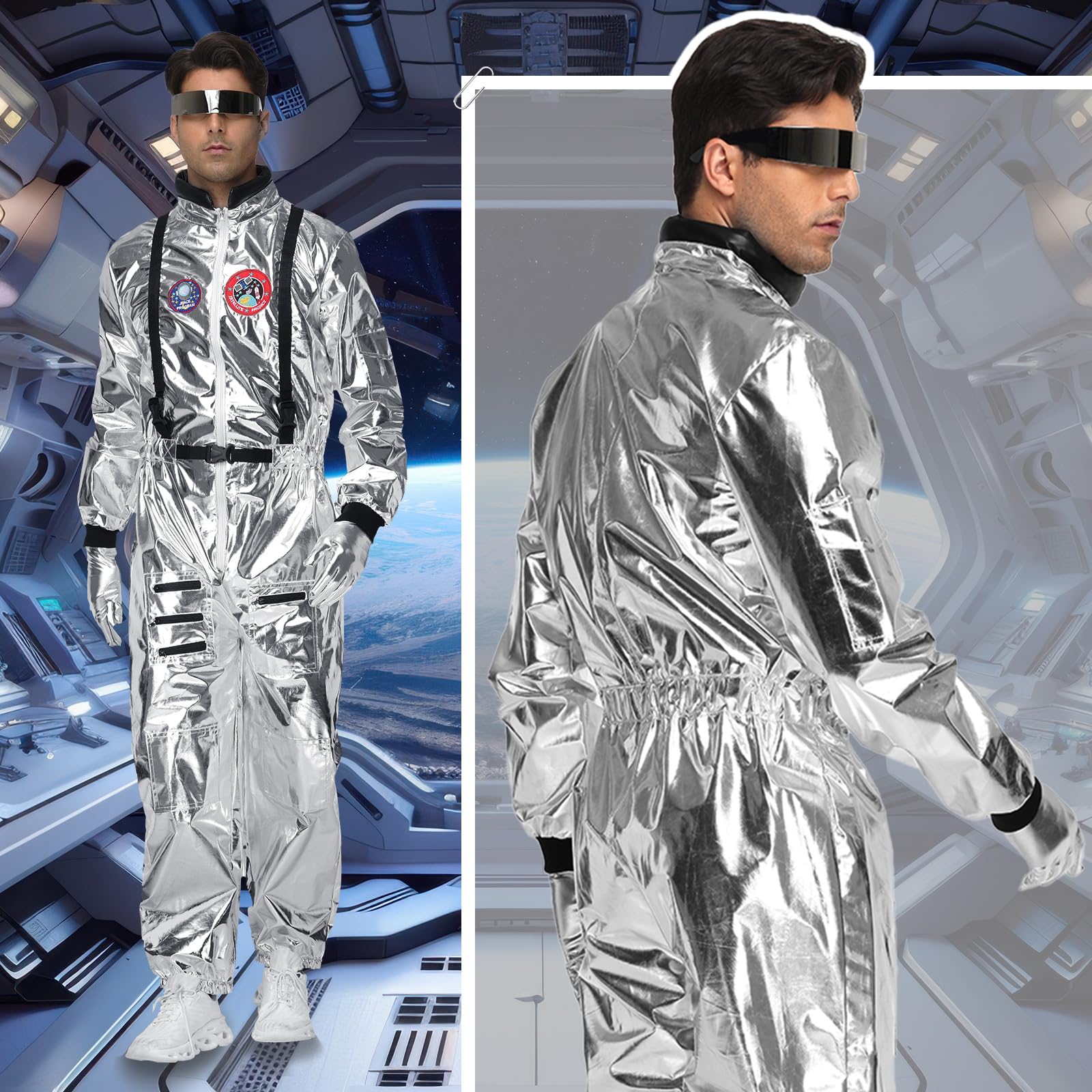 Candyhouse Disfraz de Astronauta para Adulto - Traje Espacial Plateado para Halloween con Casco Espacial, Guantes y Gafas