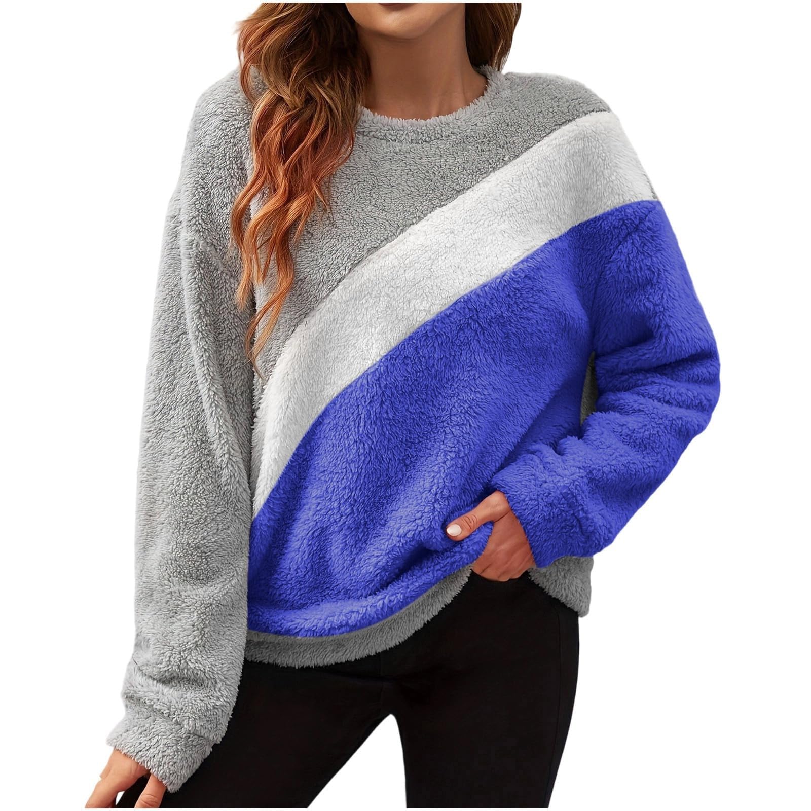 Heevina Fleece Sweatshirts For Women Striped Color Block Crewneck Sherpa Fuzzy Fluffy Warm Sweater Plush Winter