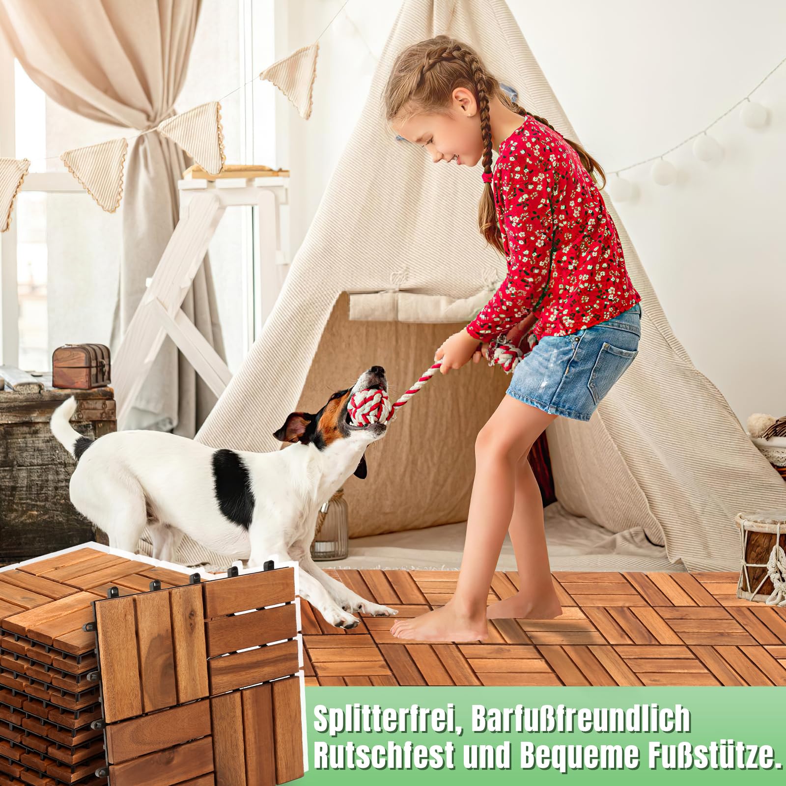 5m² Holzfliesen Balkonfliesen Terrassenfliesen 30 x 30 cm, Balkonboden Wetterfest, 12 Latten Fliesen aus Akazien Holz, für Terrassen Balkon Garten(55 Stück)