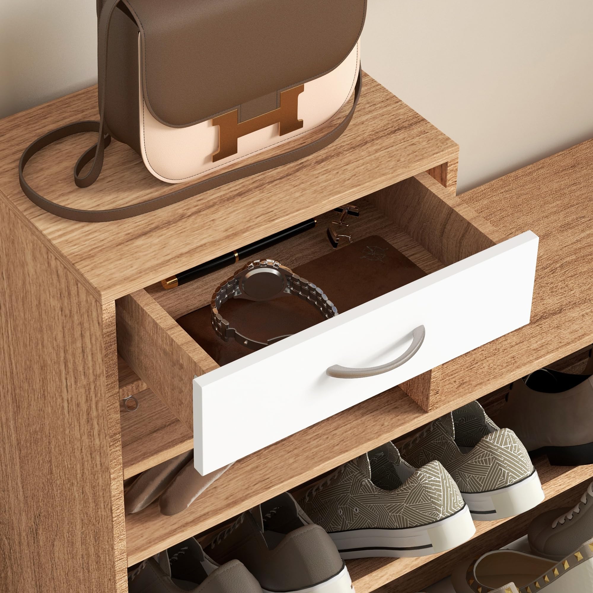 HOMCOM 3-in-1-Garderobenschrank mit Garderobenpaneel, Spiegel und Schuhbank - 6 Haken und verstellbares Regal, Walnussholz und Weiß