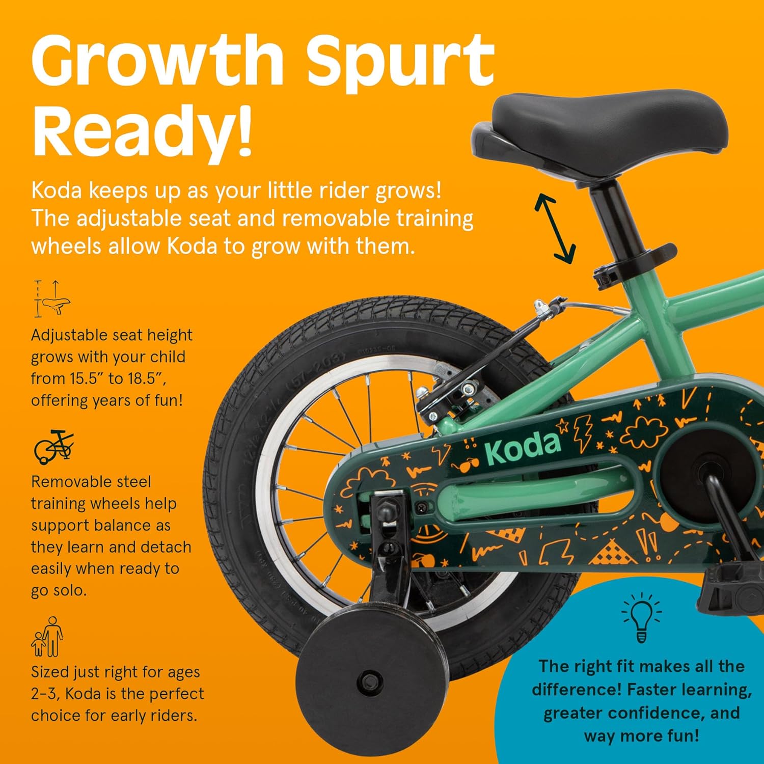 Retrospec Koda Plus Kids Bike for Boys & Girls Ages 2-3 Years - 12" Children's Bicycle, Adjustable Seat & Handlebars, Removable Training Wheels, Front Hand Brakes, Rear Coaster Brake & Safety Bell