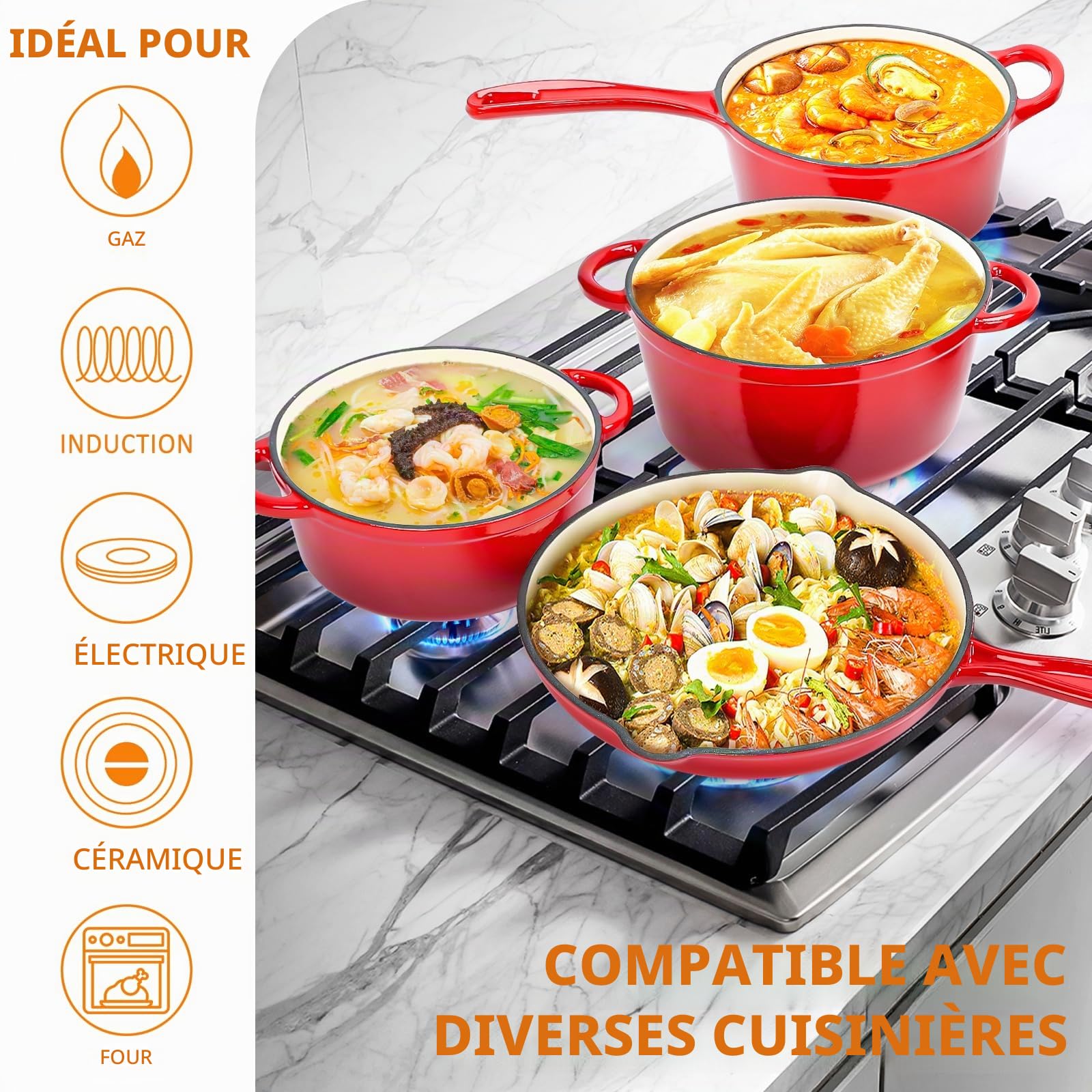 Denmay Batterie de cuisine en fonte émaillée – 7 pièces, faitout, poêle, 3 couvercles, cocotte à pain, revêtement anti-adhésif en céramique, compatible gaz/induction/four (rouge)