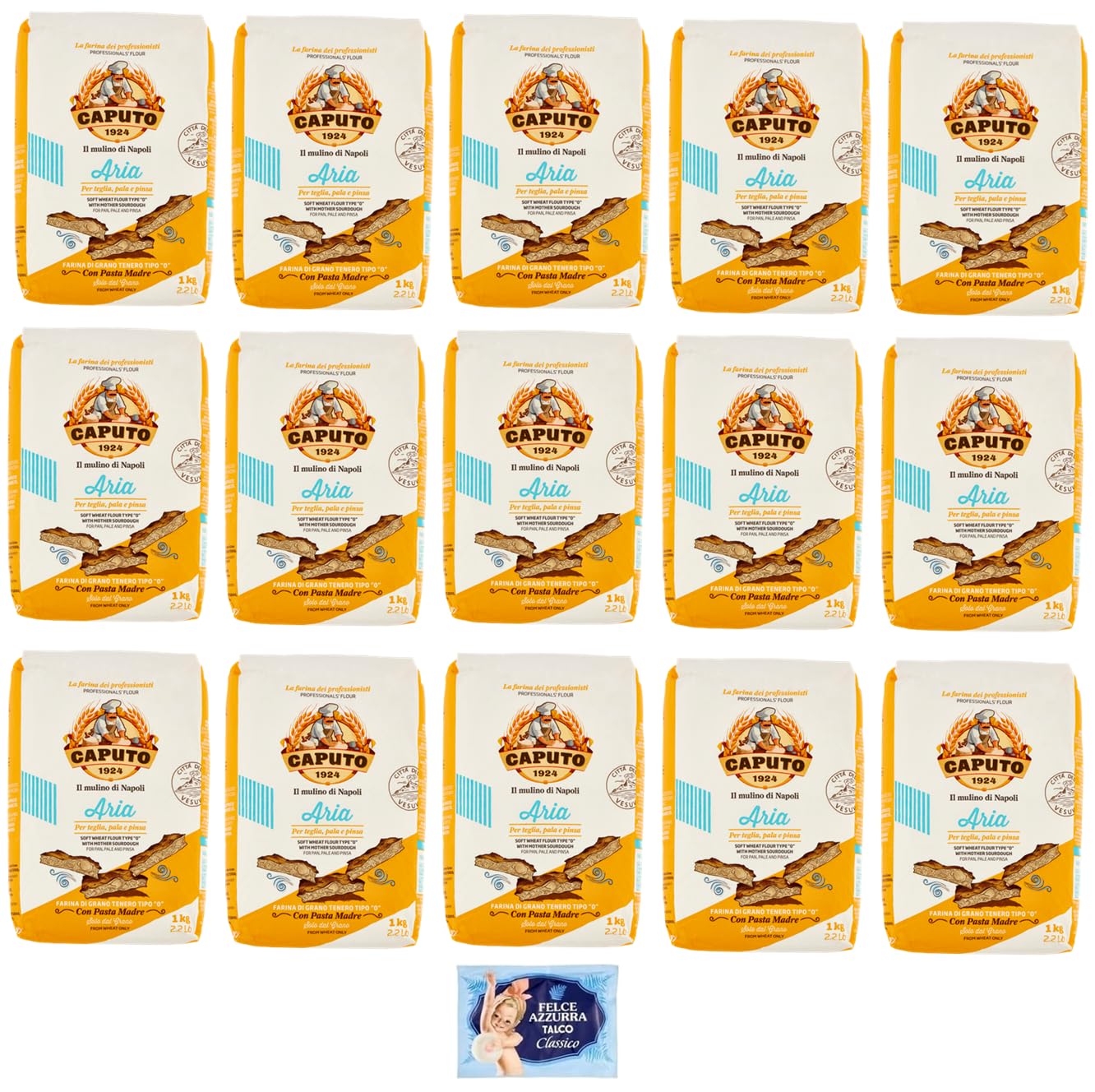 15x Caputo Farina Aria,Farine de blé tendre type 0,Idéal pour plaque à pâtisserie, pelle et pince 1Kg + 1 sachet offert de 100g de talc Felce Azzurra