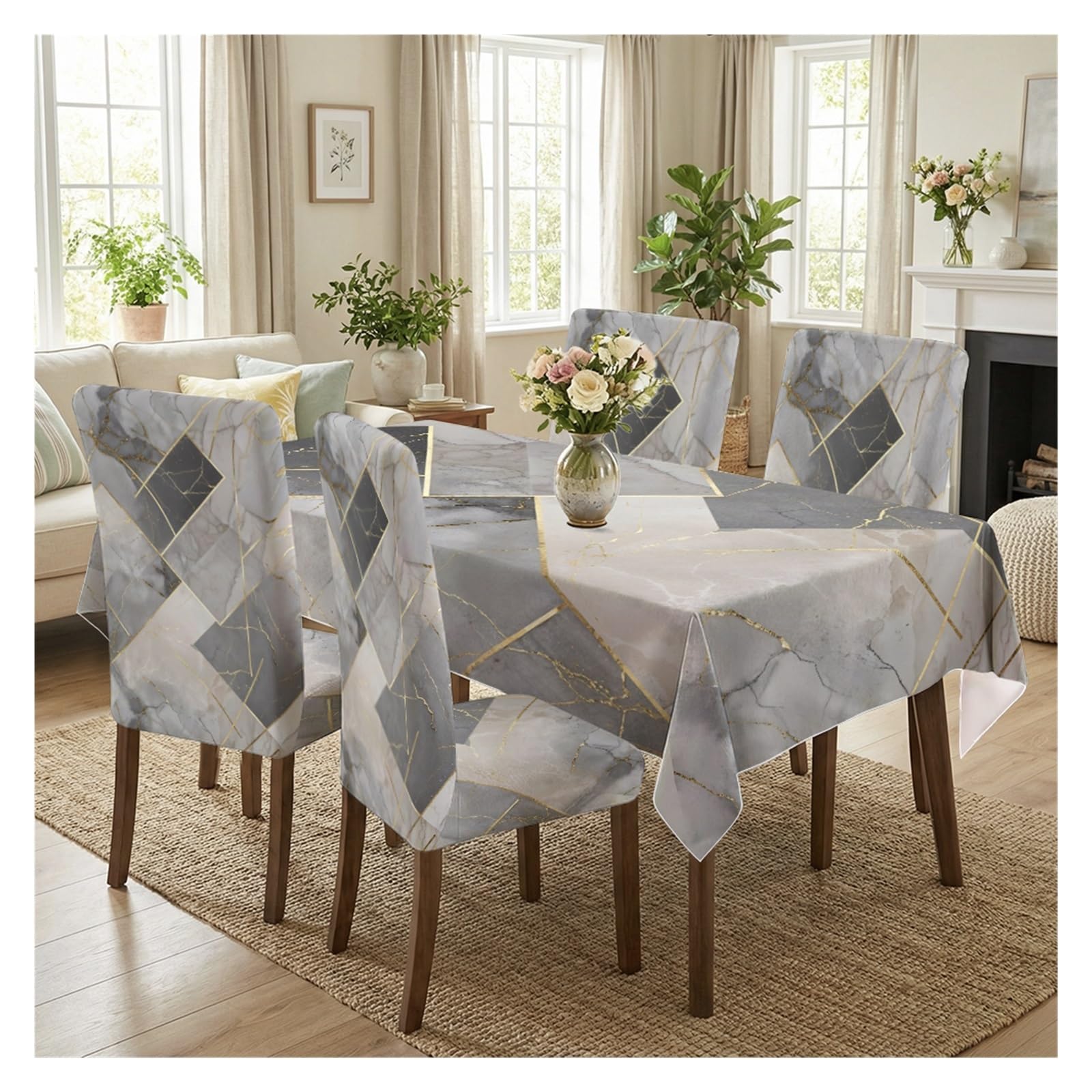 KXUAUV Grey Marble Gold Geometric Print Tablecloth & Chair Covers Set, Stretch Slipcovers For Modern, Wedding & Banquet Decor, 5/7 Pack Party Decor(5pcs Set: Tablecloth+Chair Covers)