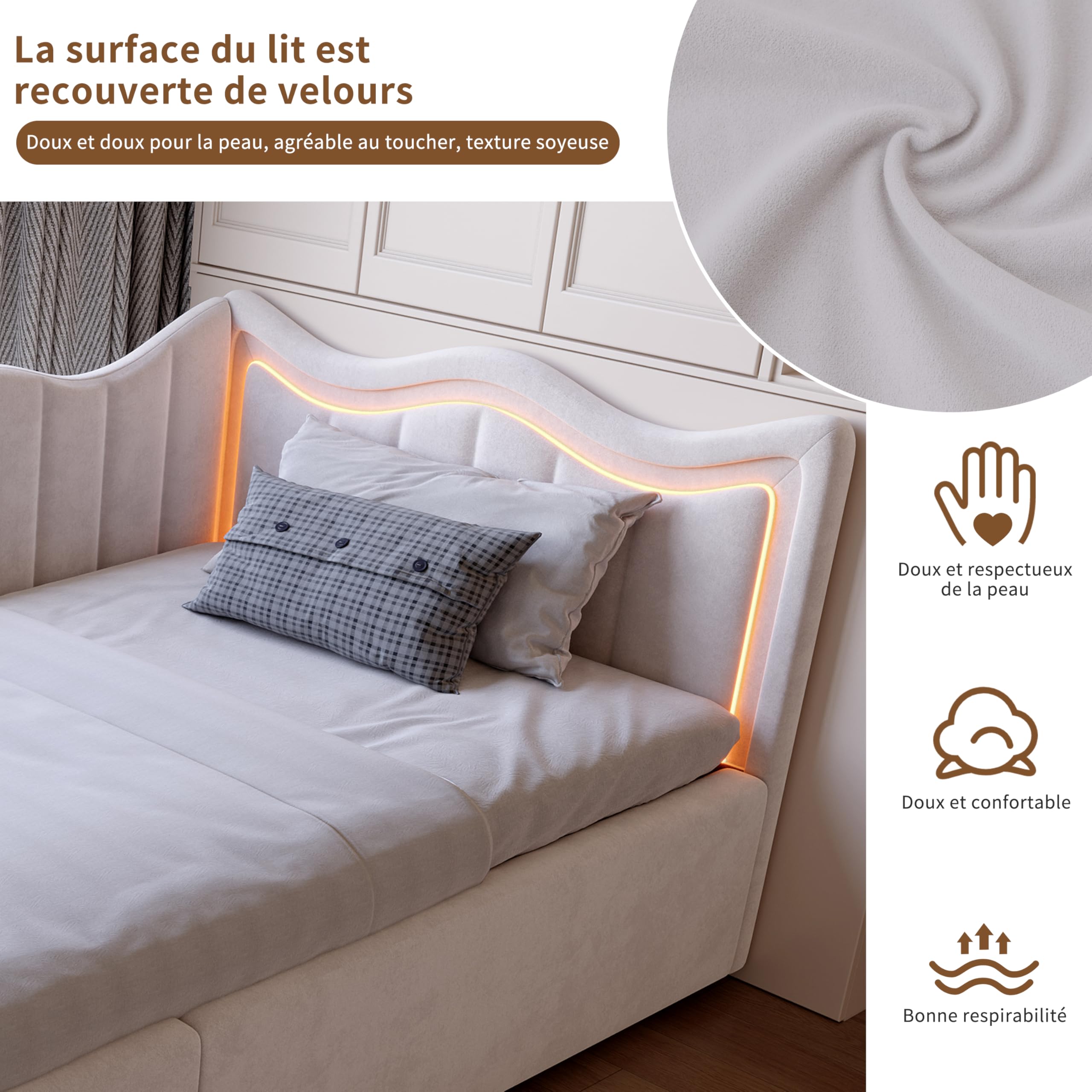 BRILVERDE Divano letto singolo 90x200 con luce LED, Poltrona letto singola con contenitore idraulico, letto con testiera, struttura letto con rete a doghe, in velluto (Beige, 90 x 200 cm)