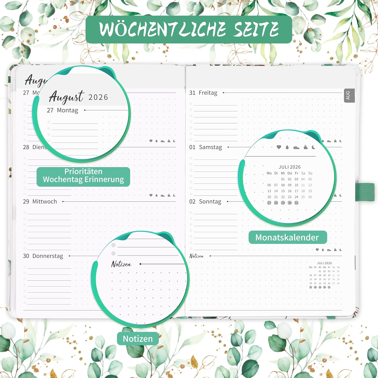 Calendar 2024 - Diary 2024, 2024 Calendar January 2024 - December 2024, Weekly Planner, Organiser, A5 Diary with Slip Pocket, 21.4 cm × 14.6 cm