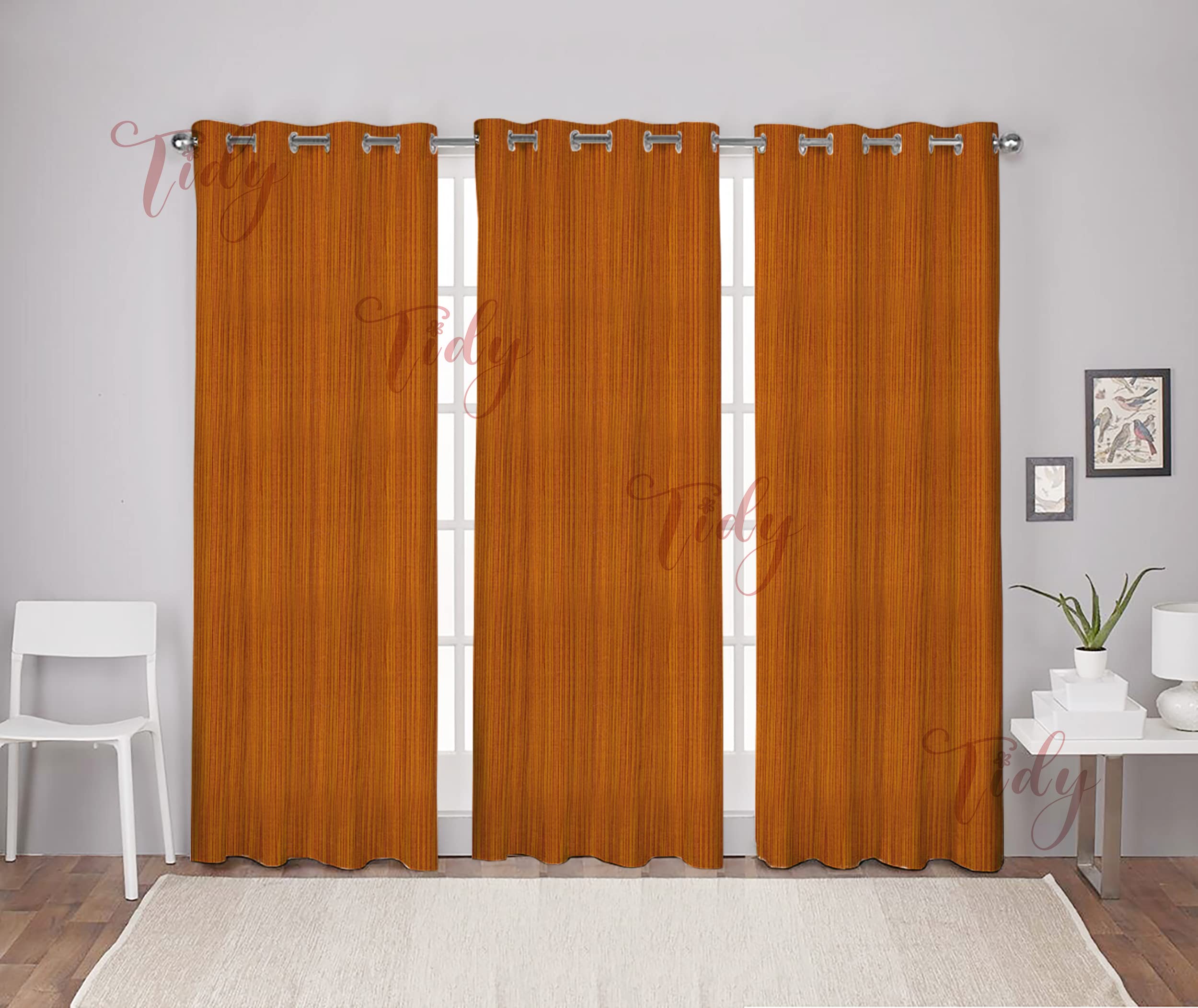 Orange Color Cotton Fabric Door Curtain - Pack of 3 Pieces (7 Feet x 4 Feet, Eyelet, Stripes)