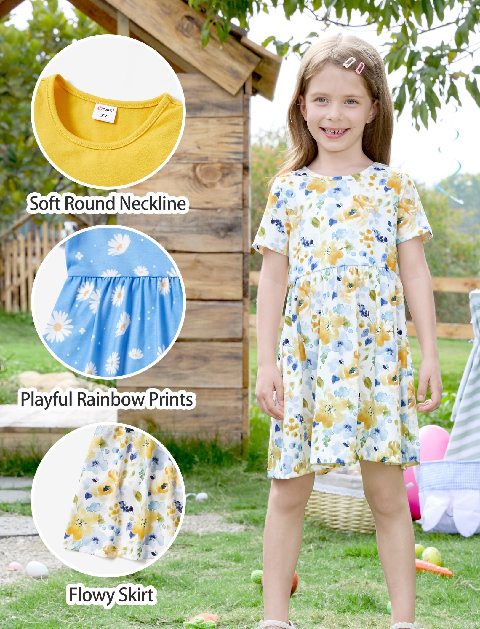 PATPAT Set di Vestiti per Ragazze, Confezione da 3 Abiti Estivi con Maniche Corte e Volant in 3 Stampe Diverse, Feste di Compleanno, Banchetti, Vacanze, Abiti da Principessa per Ragazze, 2-7 Anni