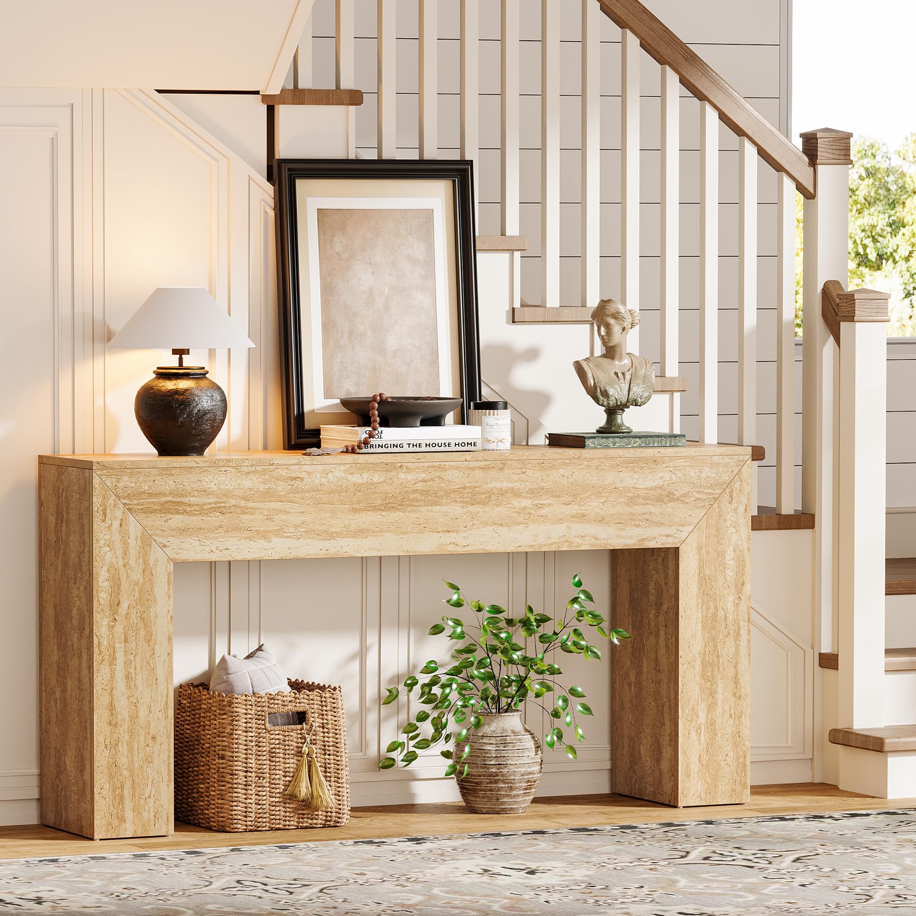 Tribesigns Table d'entrée de 160 cm, console de canapé longue étroite avec finition en travertin synthétique et pieds robustes, table d'accentuation rectangulaire en bois derrière le canapé pour salon