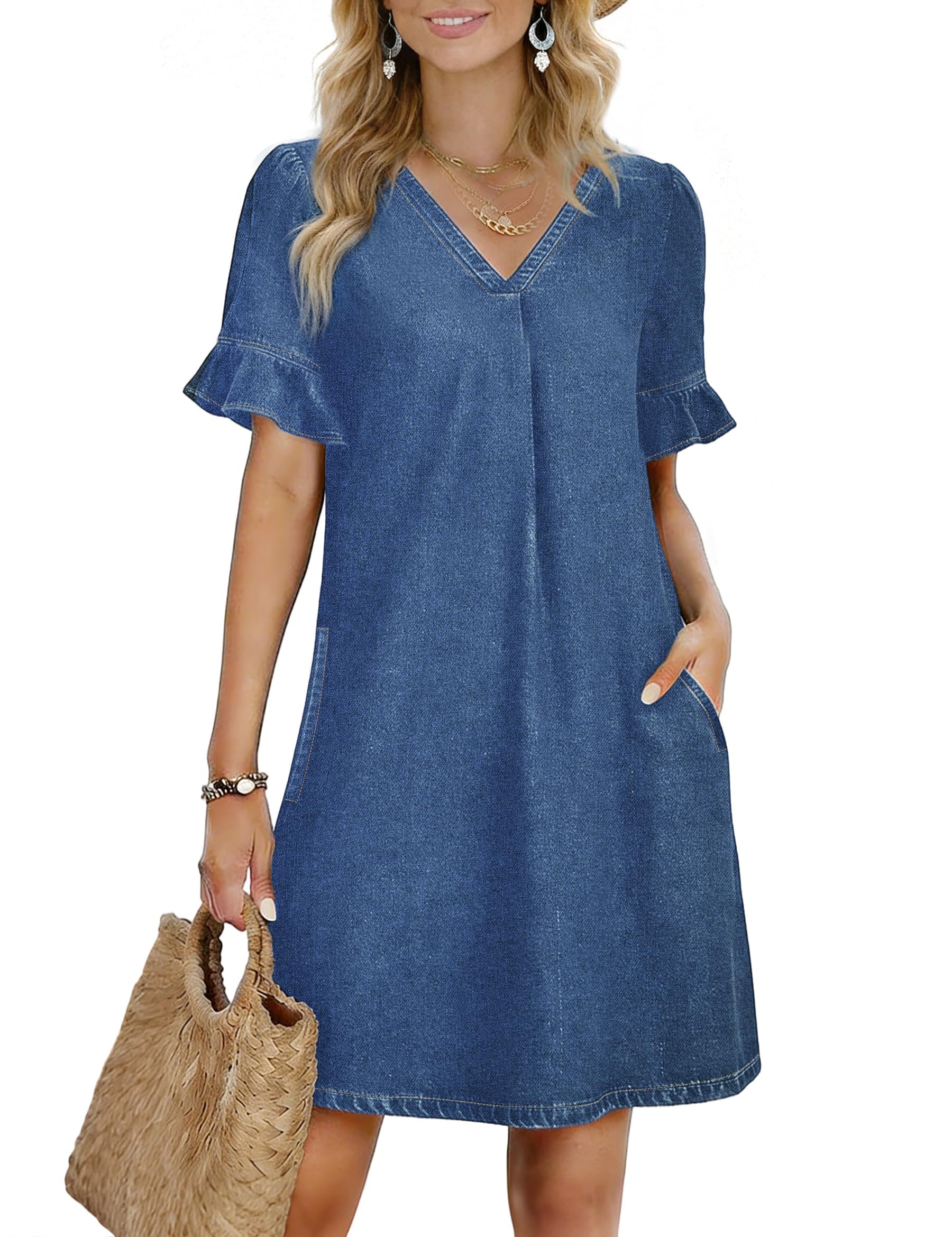 Fengbay Blusenkleid Jeanskleid Damen Knielang Sommerkleid V Ausschnitt | Lockerer Gerader, Casual Elegant Hemdblusenkleid Kleid mit Taschen für Sommerdates, Urlaubsreisen und Alltag