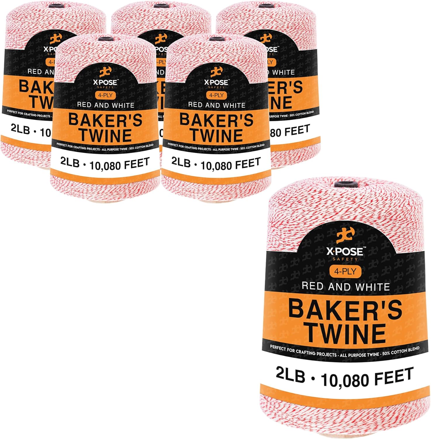 Baker’s Twine, 2 Pound Cone – 4 Ply Red and White String Pack of 6 to Tie Cake Boxes, for Arts and Crafts, Gift Wrapping and More - 50% Cotton 50% Poly - 10,080 Feet - Pack of 6 - by Xpose Safety