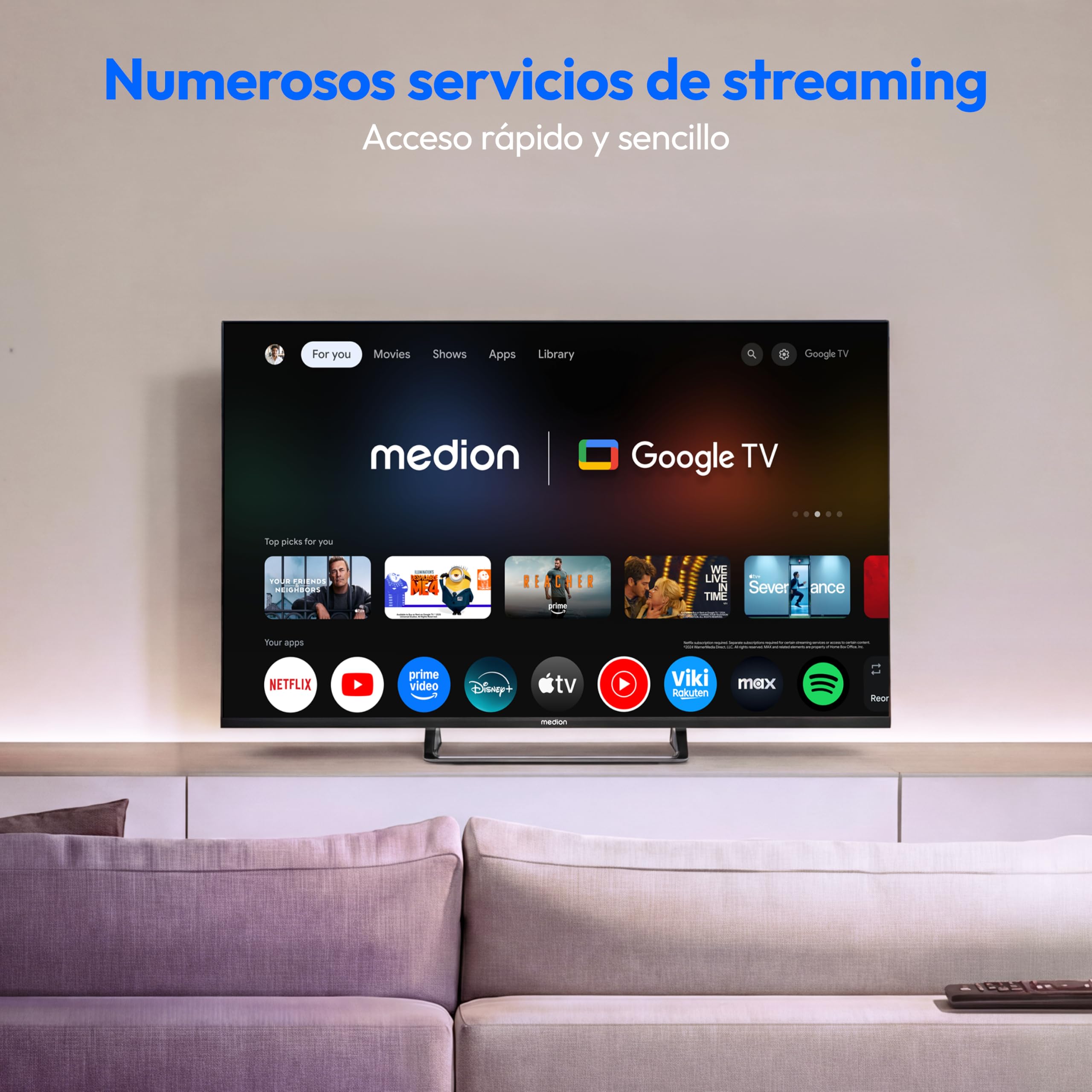 MEDION 108 cm 43" Televisor QLED Smart TV 4K Dolby Vision HDR Prime Video Disney+ Compatible con Google TV PVR Bluetooth, MD843701