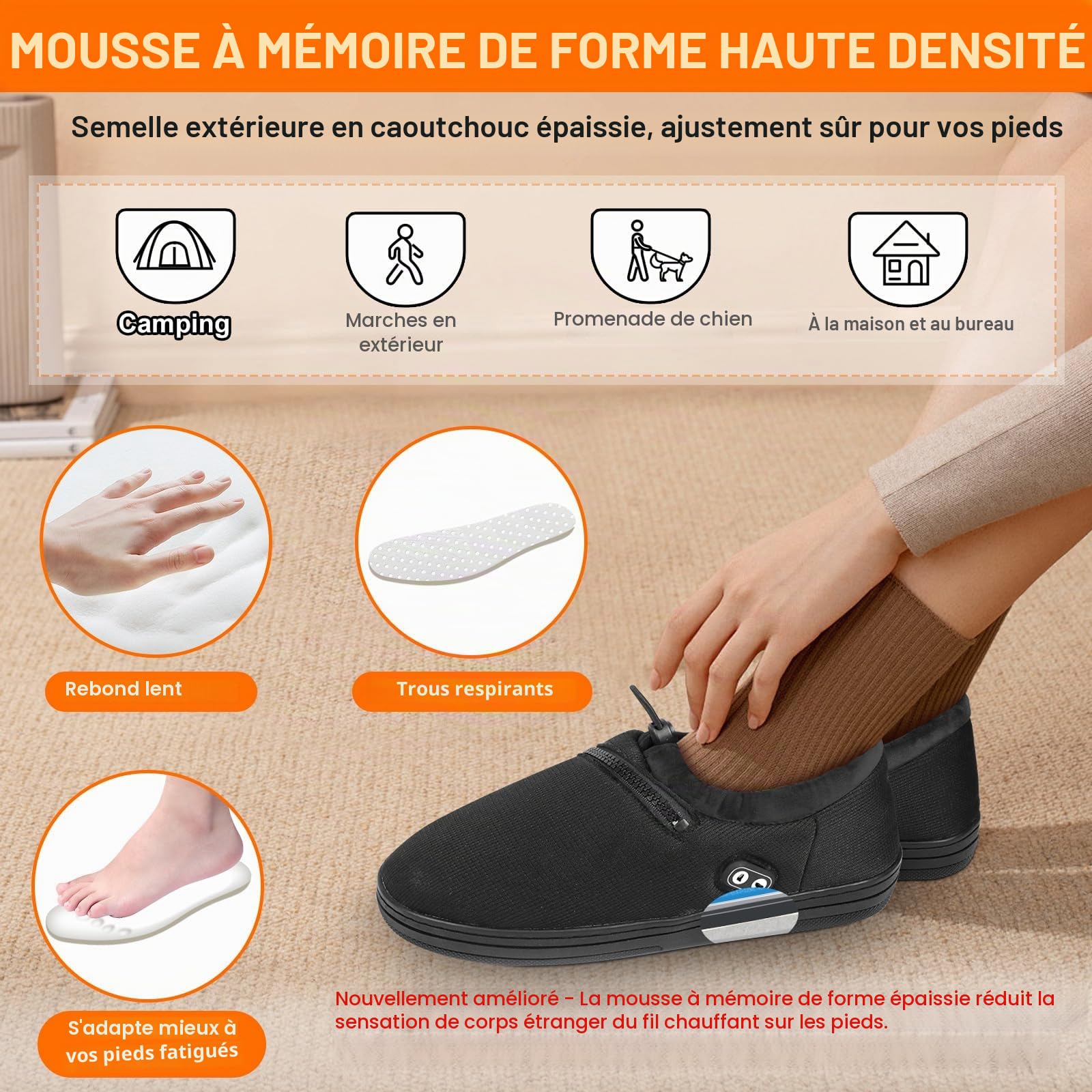 Amiable Pantoufles Chauffantes, Chauffe-Pieds avec 7,4 V 3000 mAh Batteries Rechargeables, Fonction Anti-Toucher, Pantoufles électriques avec 4 Niveaux,Chaussures Chauffantes(Prise Incluse)