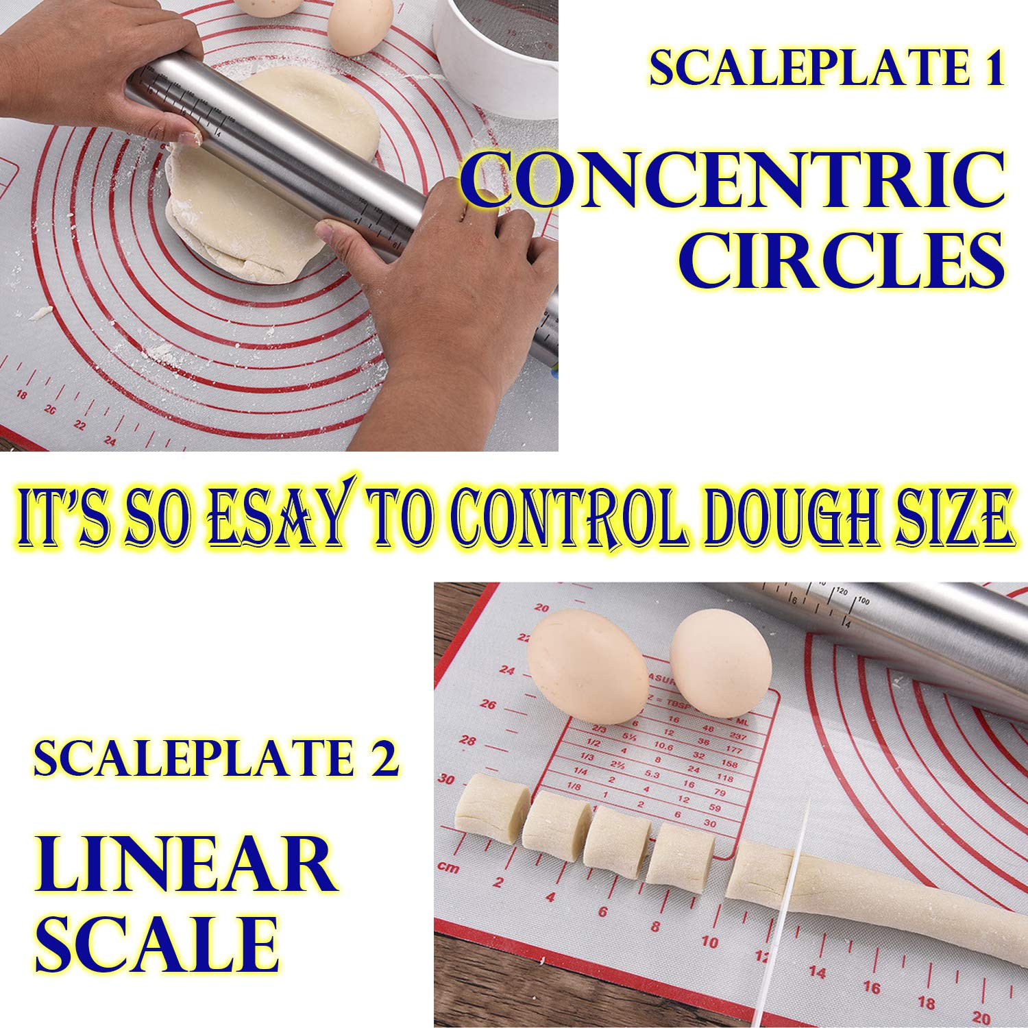 Rouleau à pâtisserie et tapis de pâtisserie en silicone Set Rouleau de pâte en acier inoxydable avec anneaux d'épaisseur réglables pour la cuisson