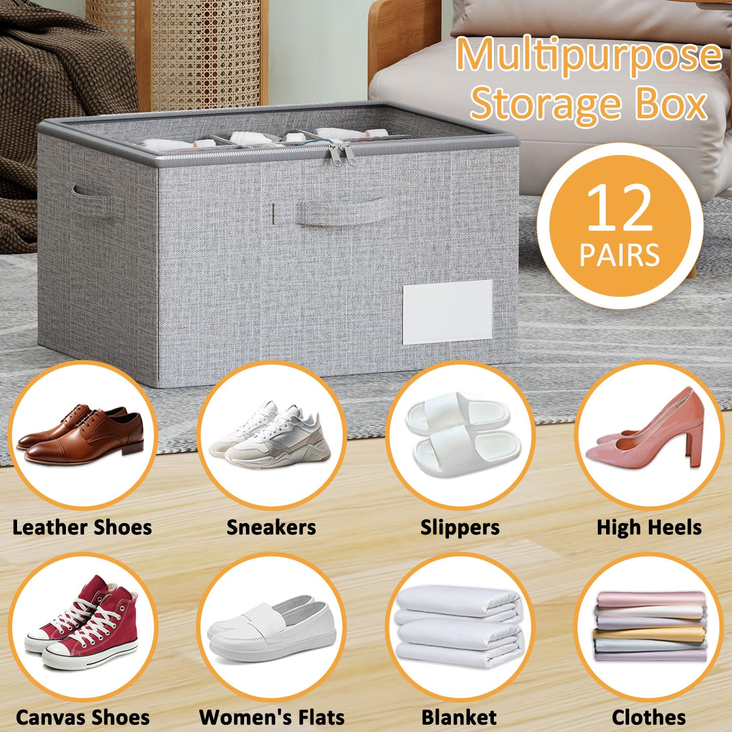 Scatole per Scarpe, Adatto per 12 Paia, Organizer Salvaspazio Pieghevole, Contenitori Scarpe con Coperchio Trasparente, Supporto Inferiore e Maniglie Rinforzate - Grigio