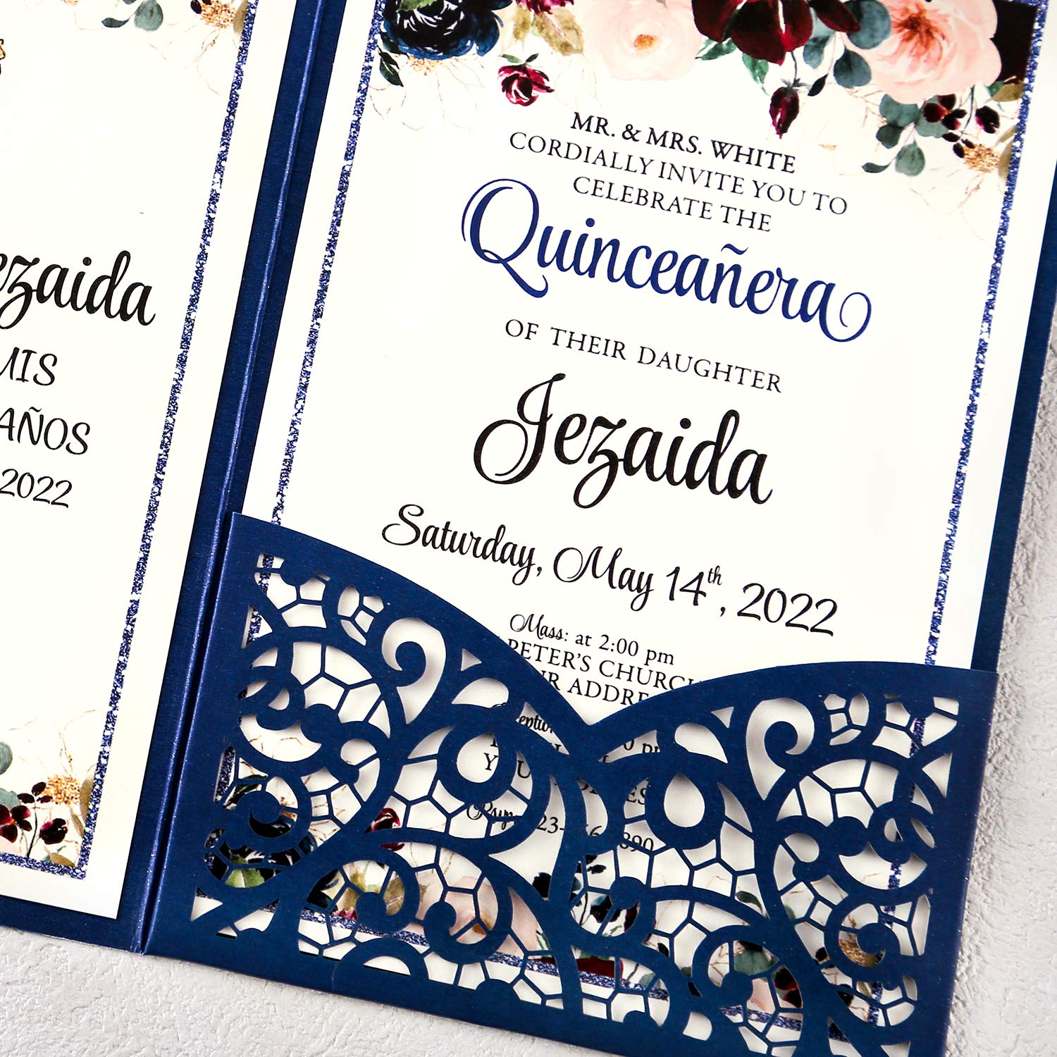 DORIS HOME Quinceanera Einladungskarten mit Umschlägen für Quincenera Geburtstag, Quinceanera Einladungskarten, 11,9 x 17,8 cm, 50 Stück, blanko, marineblau