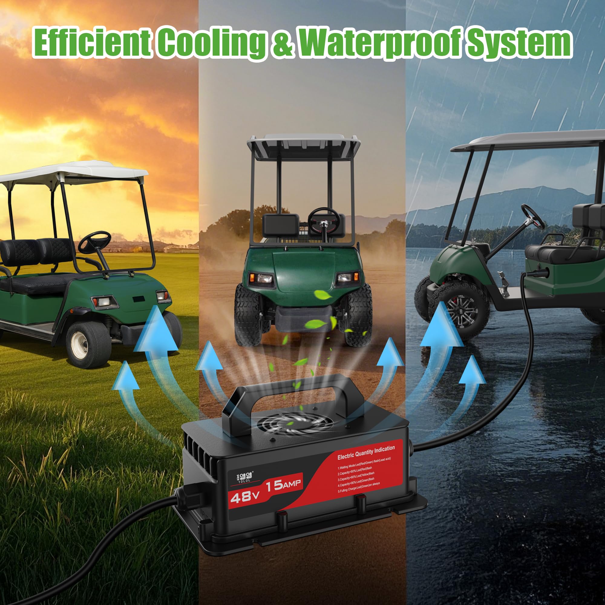 10L0L Cargador de carrito de golf de 15 amperios y 48 voltios para Yamaha G19 G22 con enchufe, carga inteligente ligera para baterías de plomo ácido, protección de apagado automático, impermeable IP67