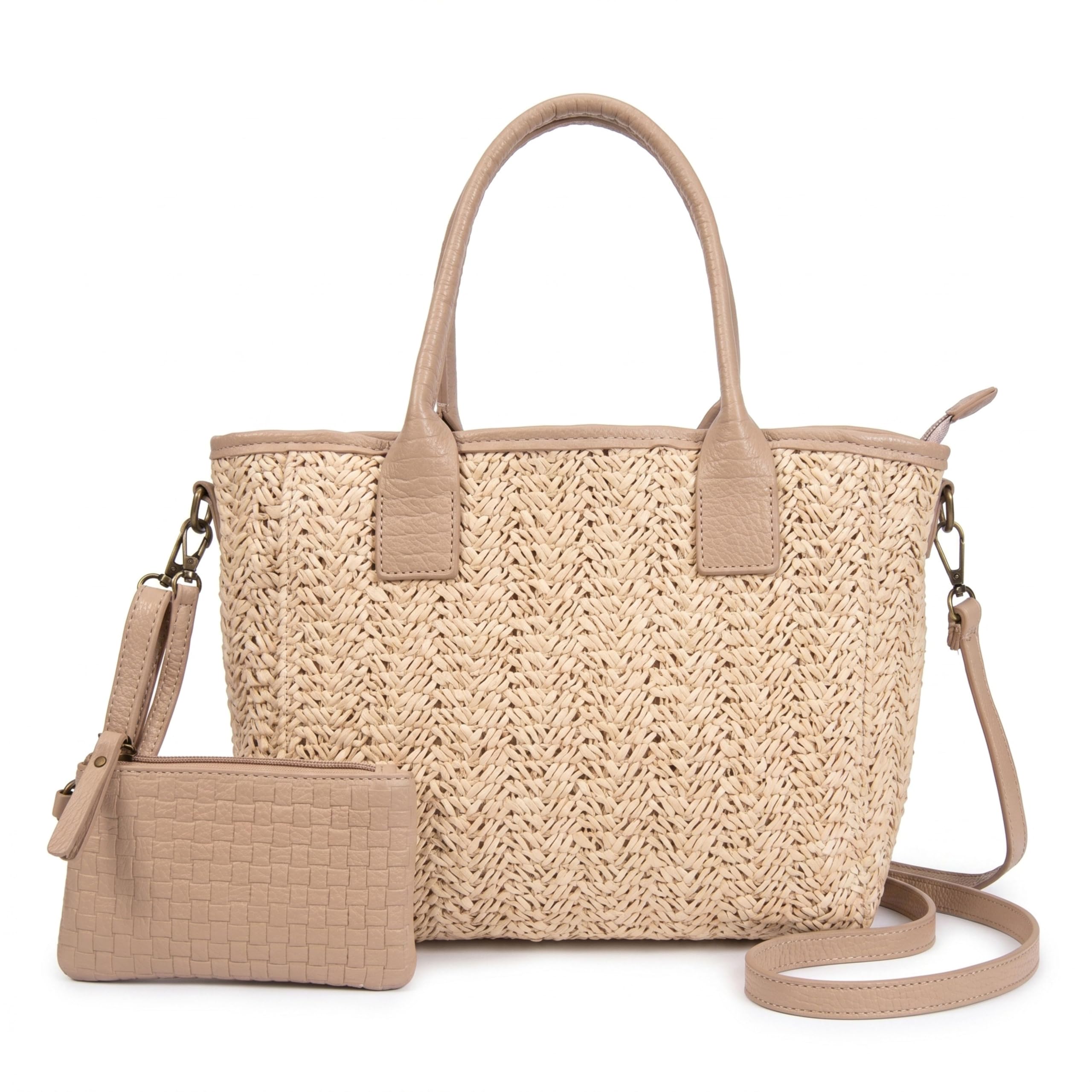 Bolso Rafia Mujer - Bolso de Verano Mujer - Bolso Bandolera Mujer Verano - Cremallera Superior y Neceser Pequeño - Bandolera Casual para Primavera y Viajes (Apricot)