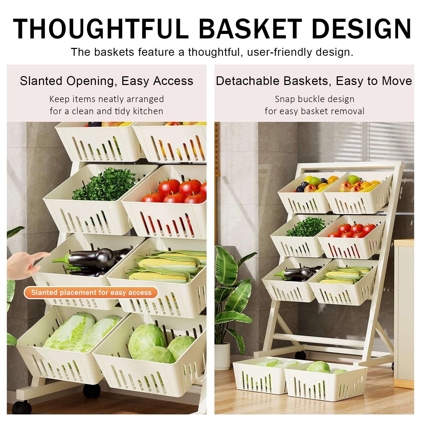 Carrito de Almacenamiento de Cocina rodante de 4 Niveles con cestas de plástico - Ideal para Frutas, Verduras, despensa, Sala de Estar y baño - Diseño portátil y Que Ahorra Espacio