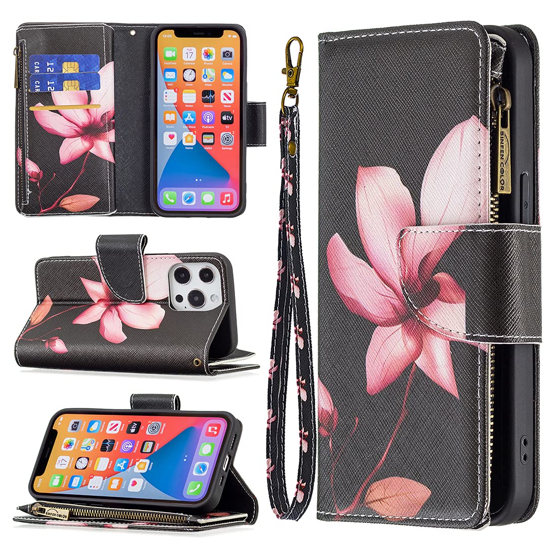 Compatible with iPhone 13 Wallet case, PU Leathe with Magnetic Zipper 9 Card Slots Kickstand Wrist Strap (Black, iPhone 13)