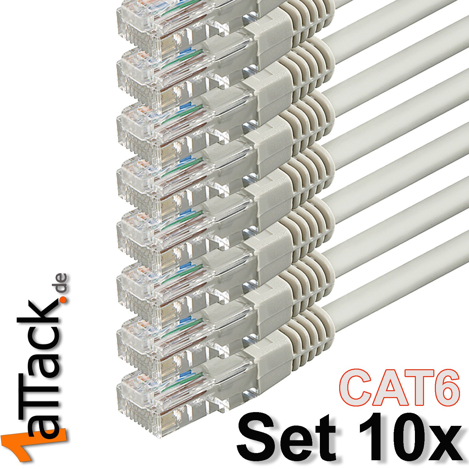 1aTTack.de - 1m - Grey - 10 Pieces - Ethernet Gigabit LAN Network Cable (RJ45) 1000Mbit/s Patch Cable UTP Compatible with CAT.5 CAT.5e CAT.7