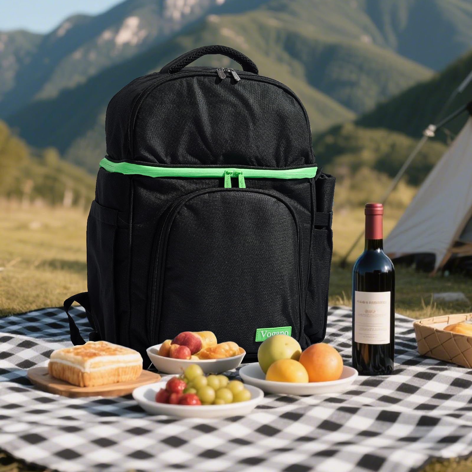 Vogano 2-in-1-Kühlrucksack, isoliert, wasserdicht, leicht, mit Picknick-Besteck-Set, Decke, schwarzer Lunch-Rucksack
