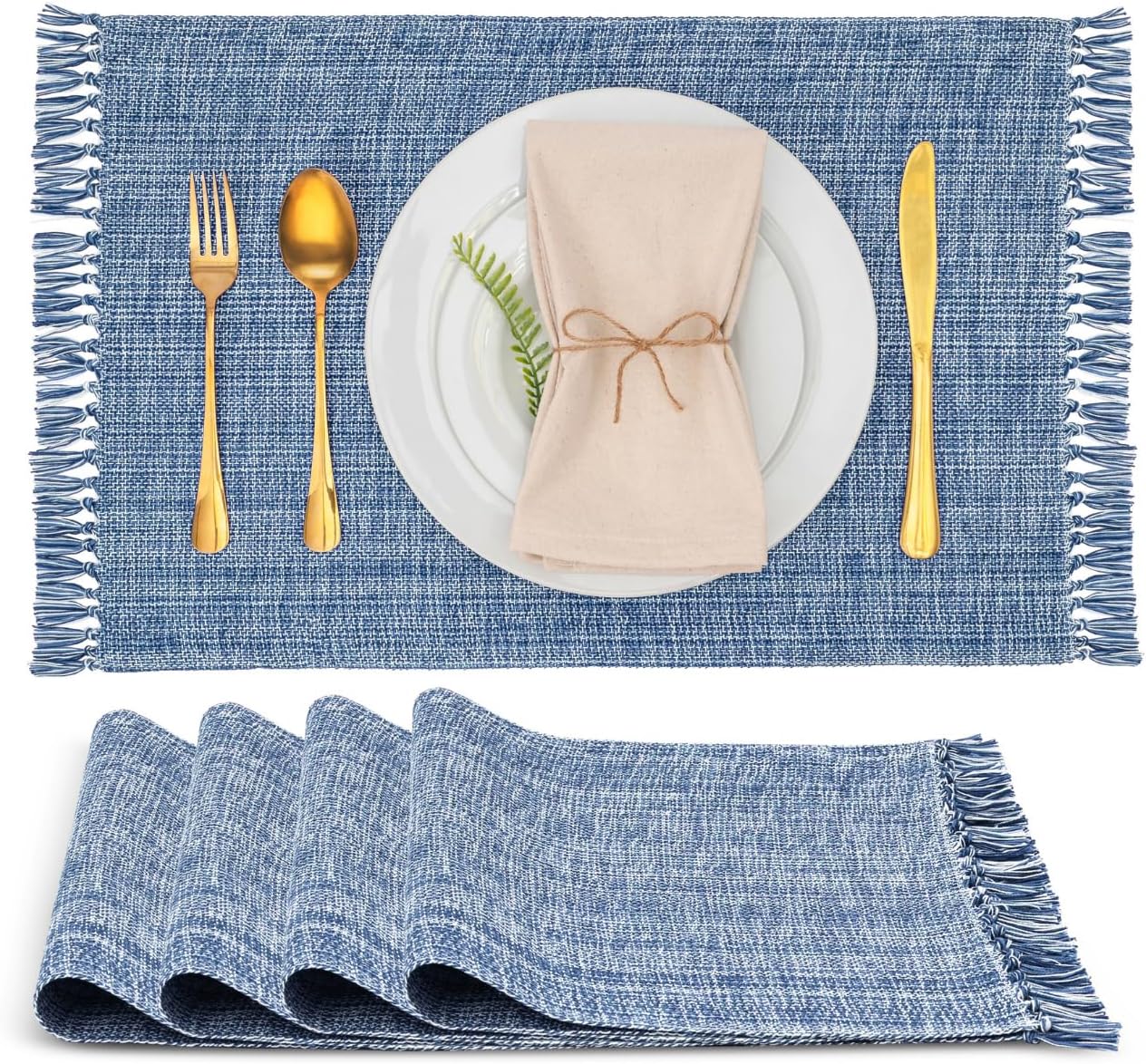 Cotton Placemats Set of 4-13x19 Inch, Woven Chambray Place Mats, Durable & Elegant for Dining Table, Wedding, Restaurant, Machine Washable, Oeko-TEX Certified - Blue