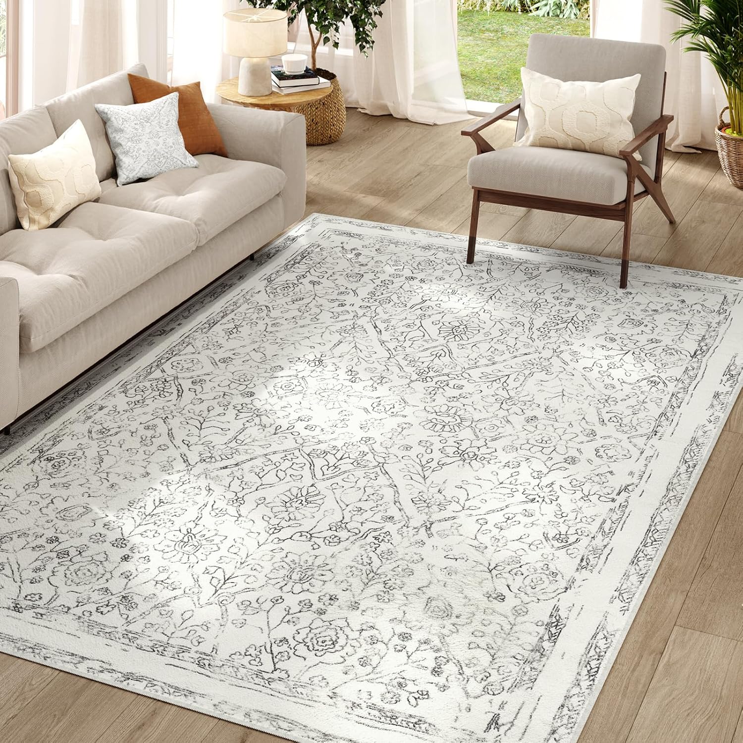 jinchan Washable Area Rug 6x9 - Low Pile Living Room Rug Faux Wool Stain Resistant Vintage Rug Boho Rug Large Rug Ultra-Thin Non Slip Carpet Grey Floral Print Indoor Mat for Bedroom Kitchen