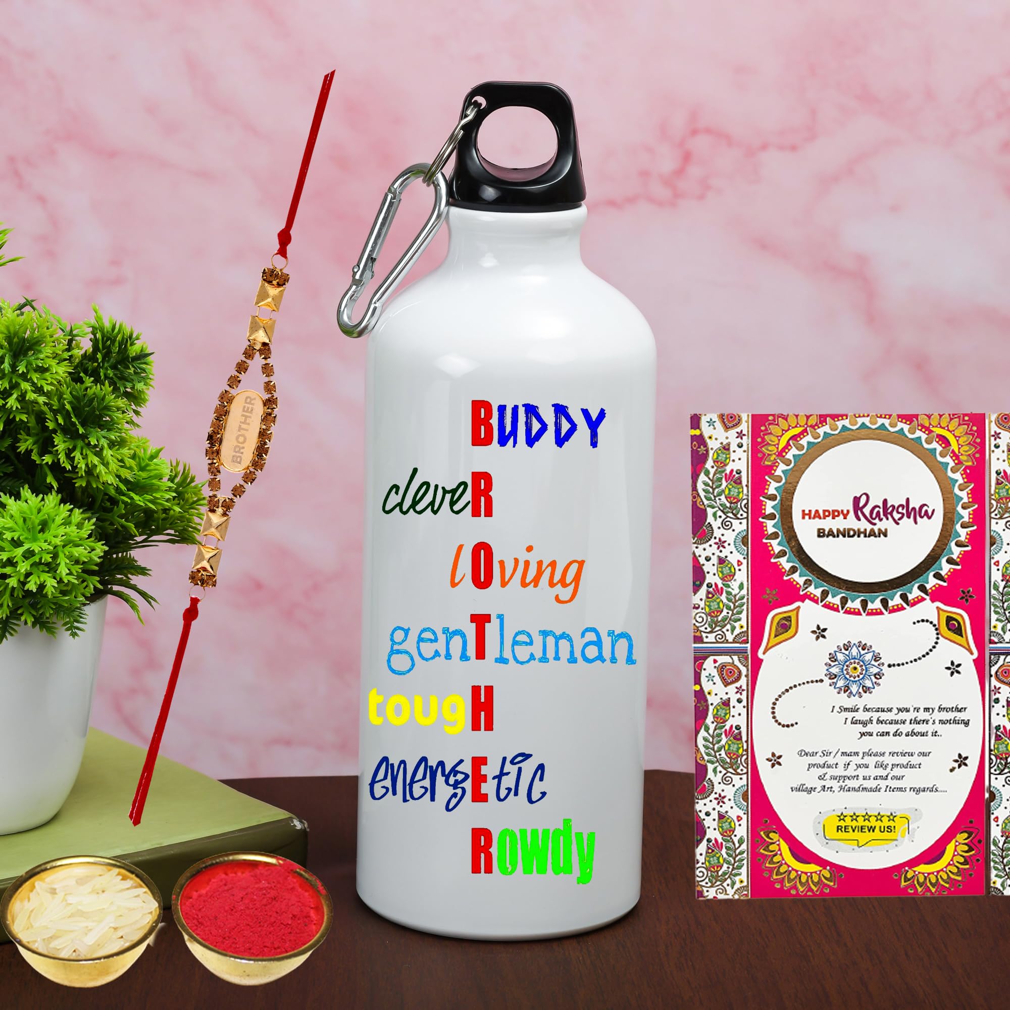 DEMITASSE STORE RAKSHA BANDHAN SPECIAL BEST BRO EVER sipper bottle with Designer Rakhi for bro,bhaiya with roli chawal for Tilak and Rakhi Special Wishes Card | 600 ml D (BOTTLE RAKHI COMBO 08)