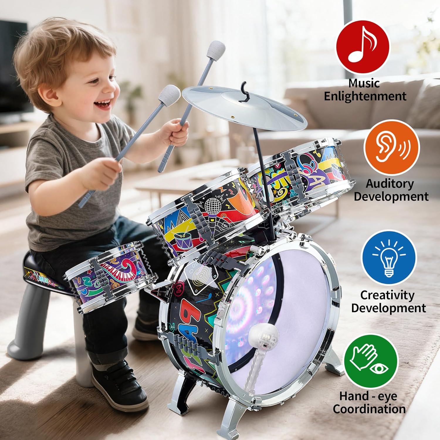 Kids Drum Set with Light, with 5 Piece High Mini Musical Jazz Drum Kit ,Percussion Beginner kit for Boys Girls Toddlers Aged 3-5 5-7