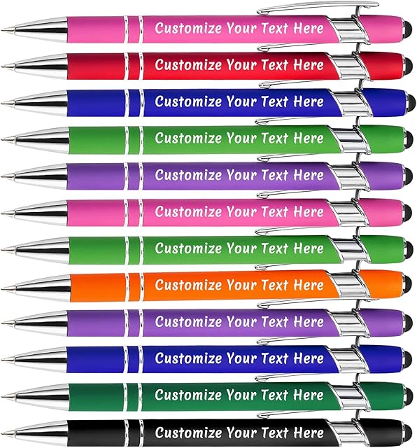 Aolun Personalised Pen,Custom Engraved Ballpoint Pen with Stylus,12 Pcs,Soft Touch Metal,Enter Name,Logo or Message, Great for Birthdays, Anniversaries, Graduations(Medium Point,Black Ink)