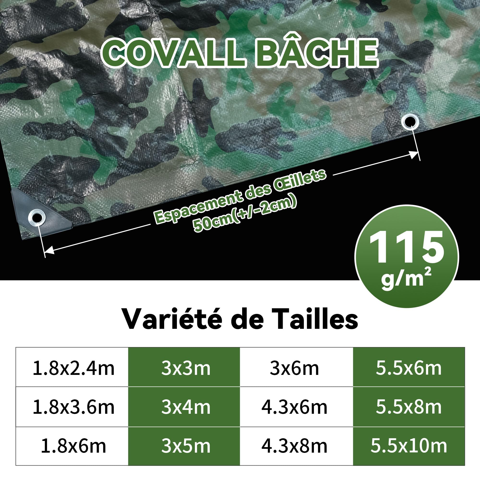 Bâche de Protection Extérieur Camouflage 3x6m - 115g/m², Imperméable, avec Œillets, Anti-UV, pour Jardin, Camping, Bois, Chasse & Décoration Militaire