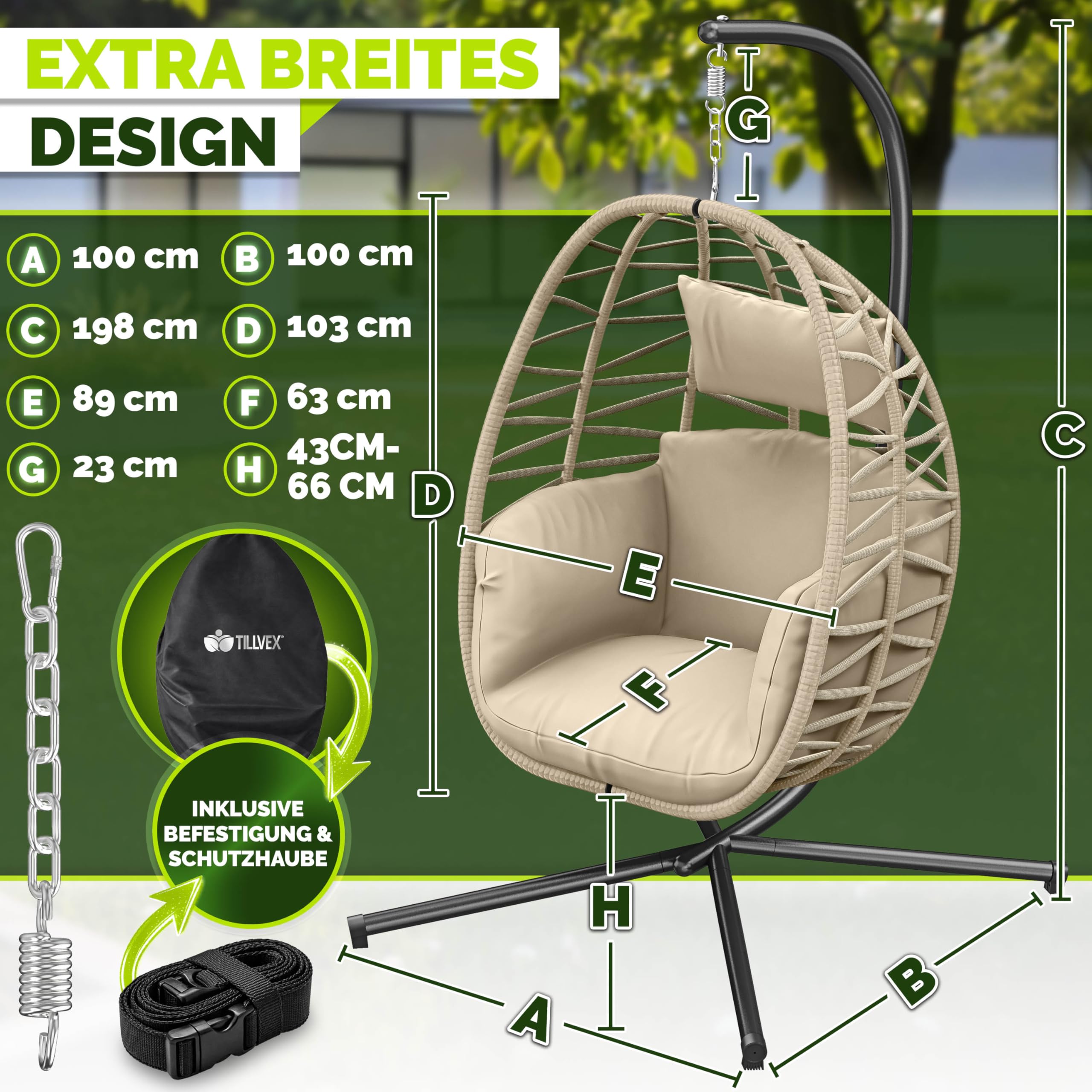 tillvex® Hängesessel mit Gestell Outdoor & wetterfester Abdeckung inkl. Befestigung | Hängekorb klappbar bis 150 kg | Hängesitz aus Rattan | Hängestuhl für Indoor Garten Balkon Terrasse (Taupe)