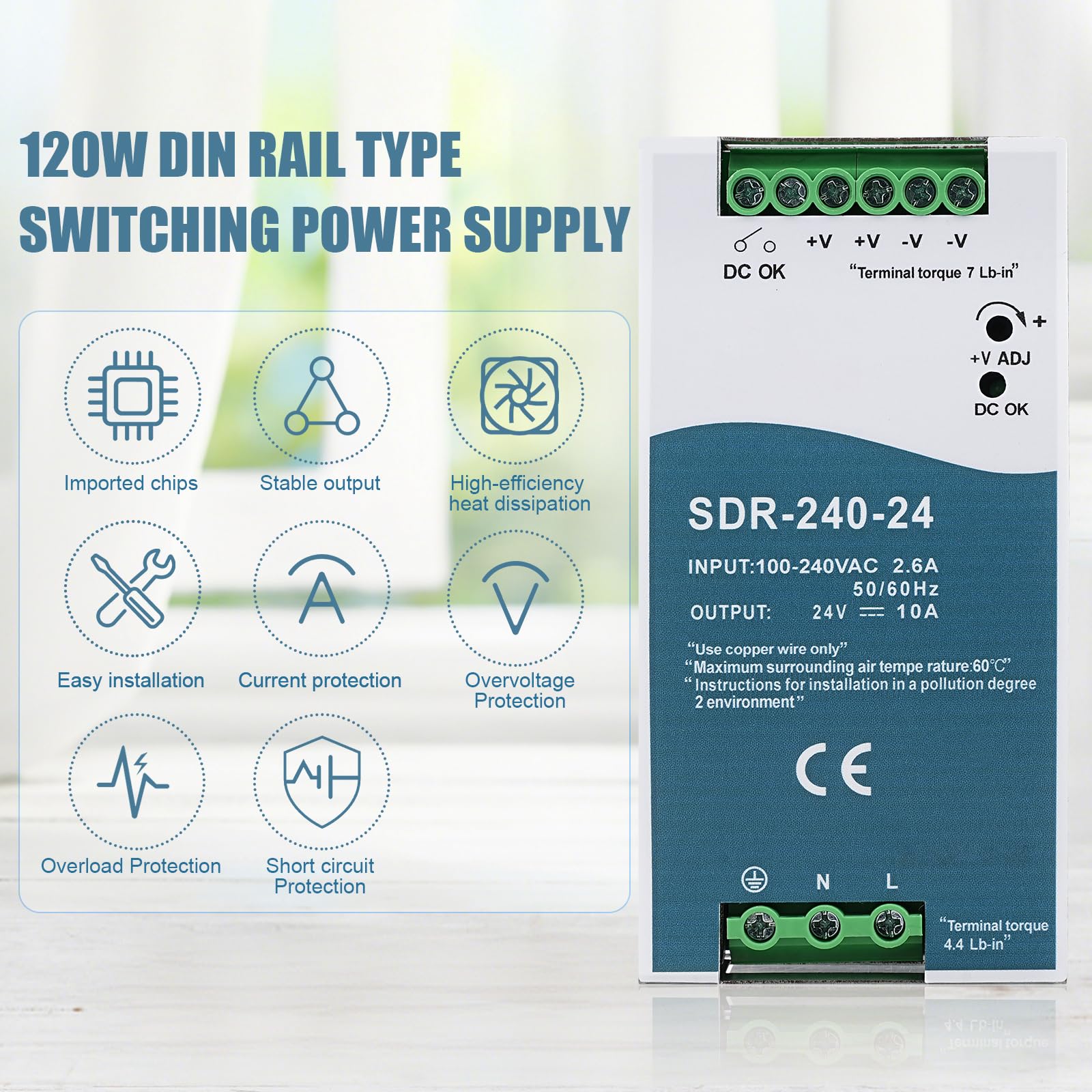 Alimentación de DIN Rail 240W DIN Rail Power Supply Entrada AC 100-240V 2,6A Salida DC 24V 10A Fuente de Alimentación Industrial para Cajas distribución,Instrumentos,Equipos comunicación SDR-240-24