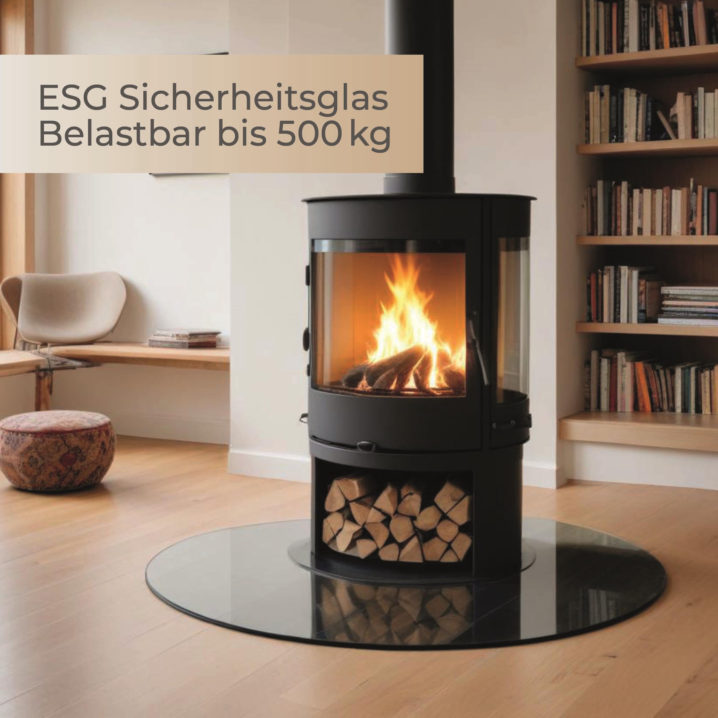 Funkenschutzplatte Glas Rundbogen 100x100cm – Glasplatte für Kaminofen - Kaminglas Zunge mit Dichtlippe - 8mm ESG Kamin Glasplatte mit Facettenschliff – Kaminschutz Feuerplatte für Kaminofen