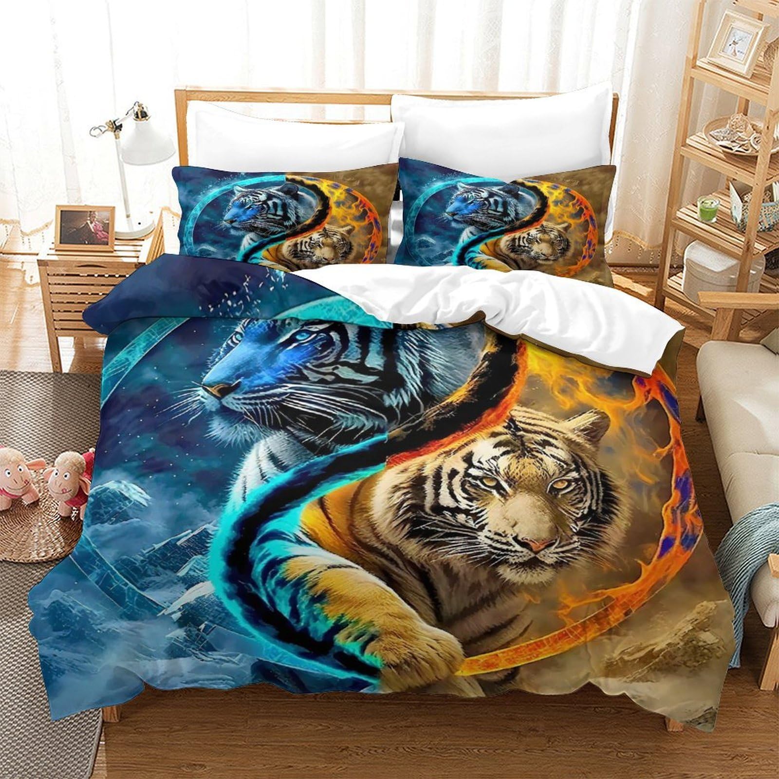 Ensemble de lit tigre 3D 200x200 microfibre avec taies