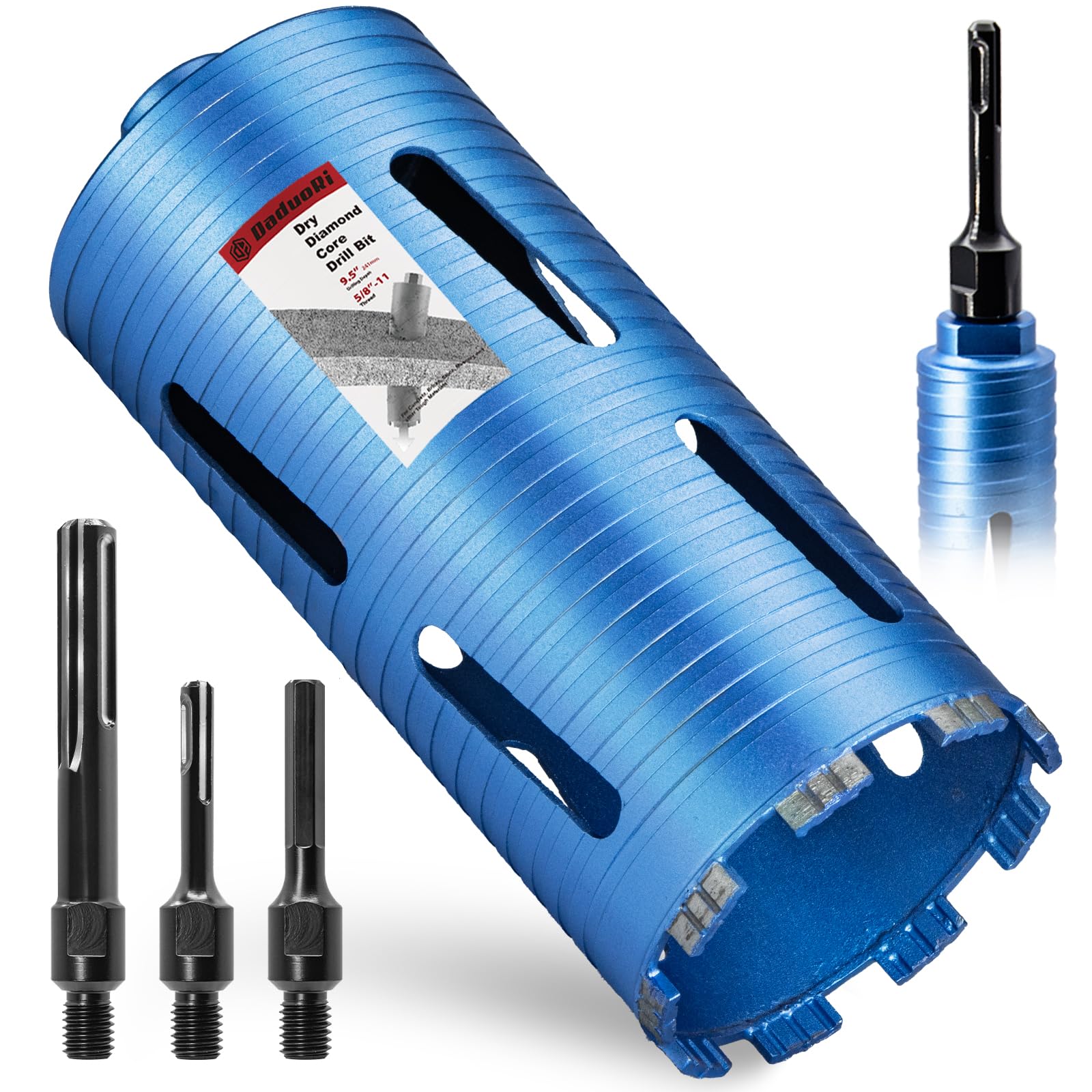 DaduoRi 4 1/2" Dry Core Drill Bit, 5/8"-11 Thread, with 3 Adapters Included: SDS Plus, SDS Max and 1/2" Hex Shank; 9.5" Drilling Depth Diamond Core