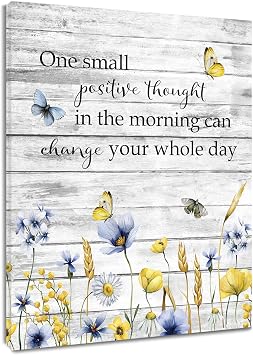 Blue Yellow Floral Wall Art for Bathroom Vintage Butterfly and Wildflower on Grey Abstract Canvas Wall Art Inspirational Quotes Wall Pictures for Living Room Bedroom Office Ready To Hang,12x16 Inch