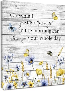 Blue Yellow Floral Wall Art for Bathroom Vintage Butterfly and Wildflower on Grey Abstract Canvas Wall Art Inspirational Quotes Wall Pictures for Living Room Bedroom Office Ready To Hang,12x16 Inch