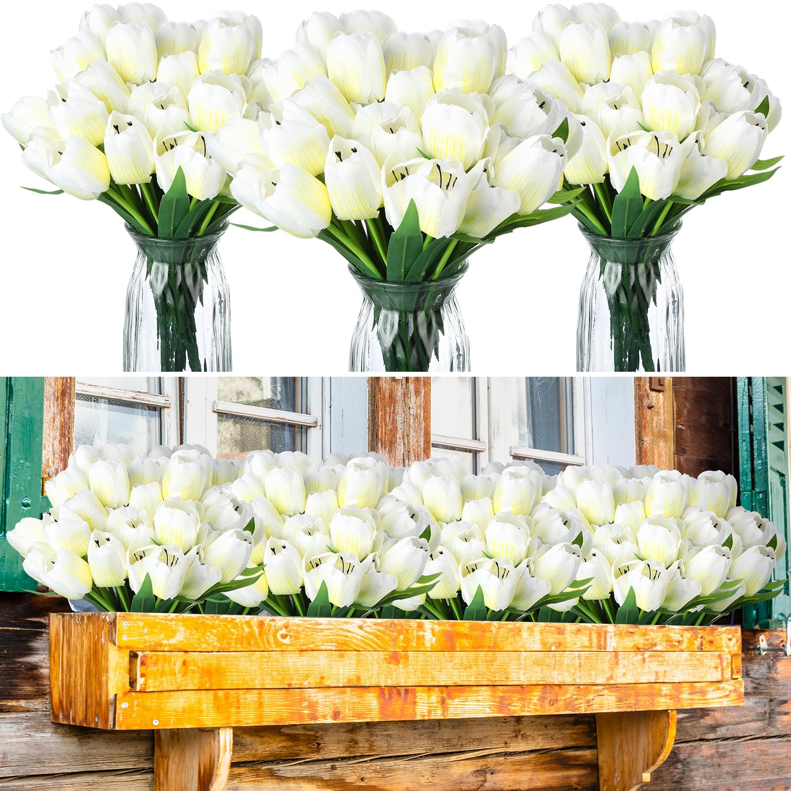 6 Bundles 9 Heads Artificial Tulips Flowers 54 Pcs Fake Silk Faux Tulips Flowers Bouquets Arrangements for Outdoor Wedding Garden Porch Party Table Home Vase Planter Decoration(Cream White)