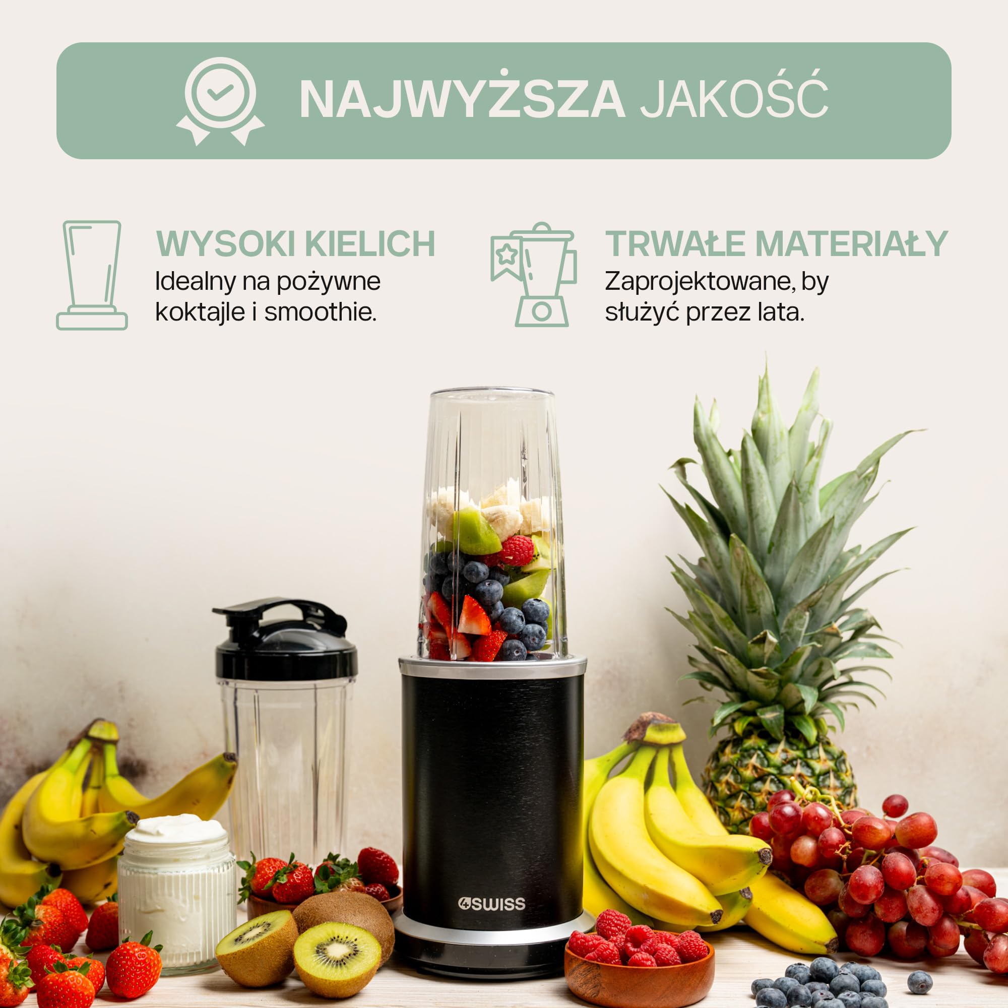4Swiss Blender Kielichowy Kuchenny Mikser Elektryczny do Smoothie Koktajli Owoców Warzyw Mixer Małe AGD Wysokiej Mocy Wielofunkcyjny Lód Kruszenie Blendowanie Urządzenie Kuchenne – NB102 Czarny