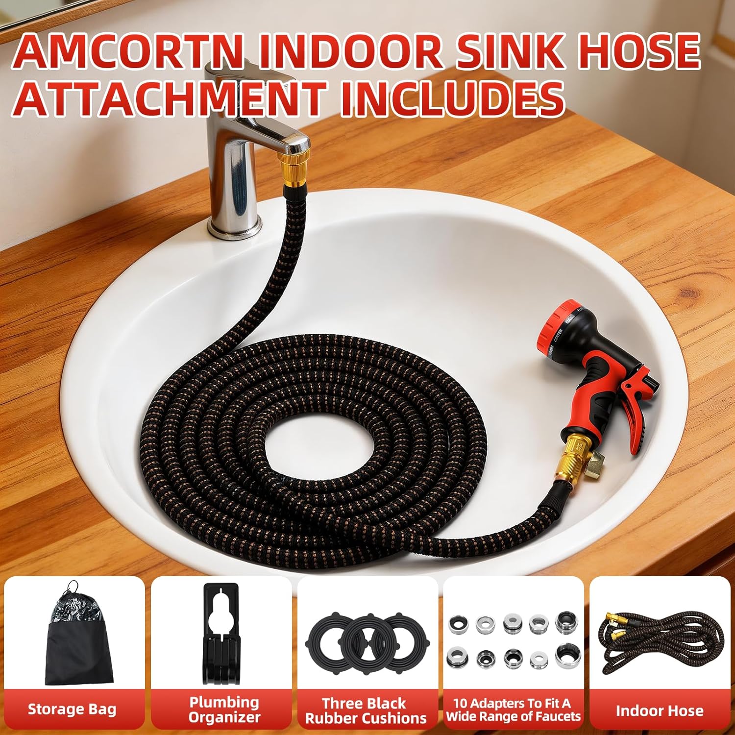 Indoor Sink Hose Attachment for Faucet - (25 FT) Faucet Hose with 10 Adapters for Kitchen Sink Bathroom Sink Faucet, Watering Houseplants Washing Pets Car Household Cleaning 10-Function Nozzle