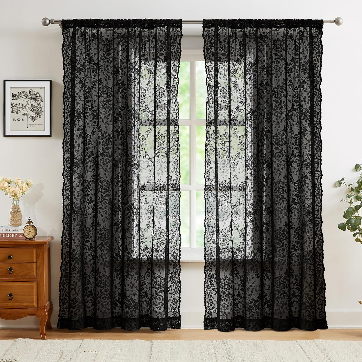 Cortinas traslúcidas de malla negra de 72 pulgadas: visillos vintage bordados para ventanas