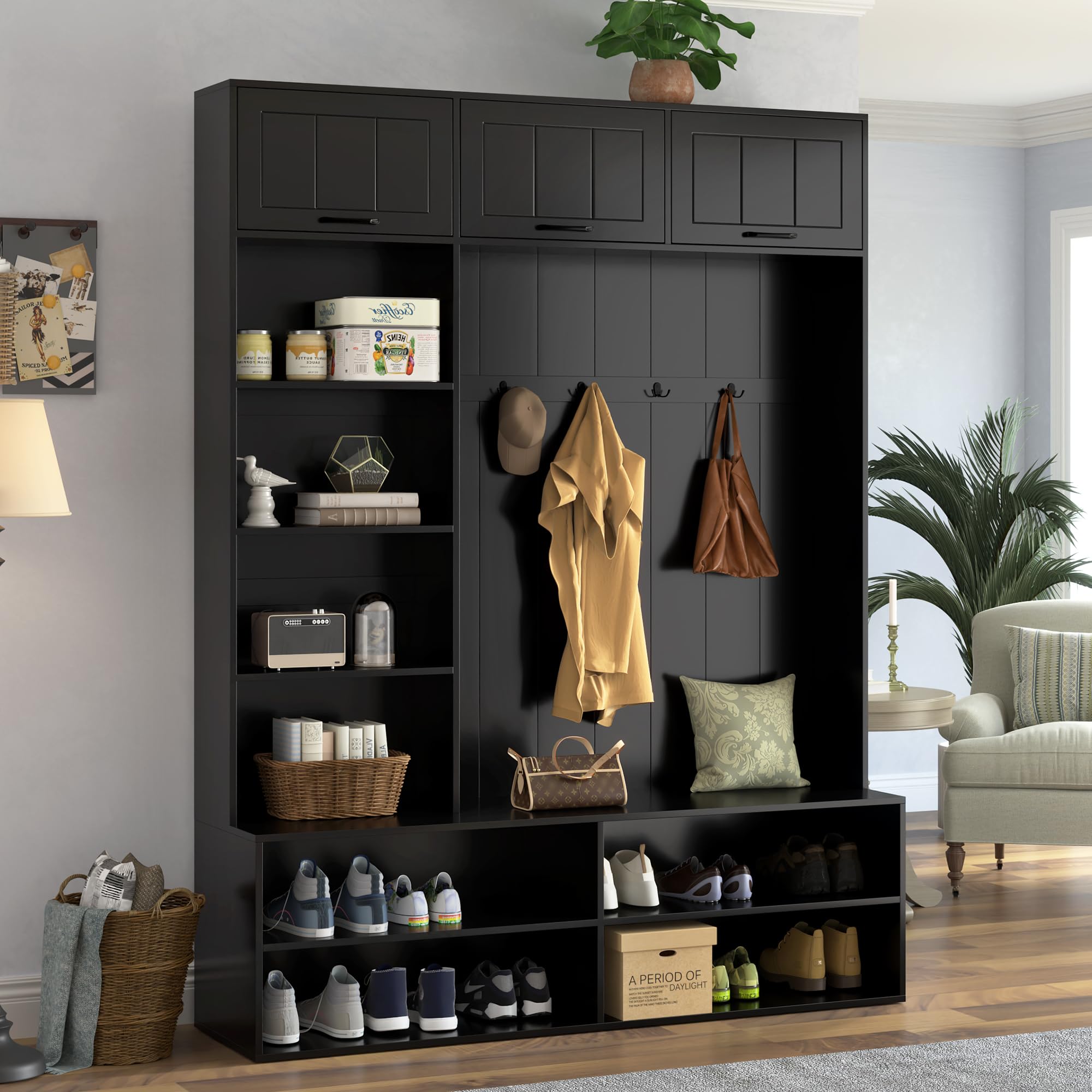 5-in-1 Hall Tree with Bench, Entryway Storage Organizer Cabinet, Black
