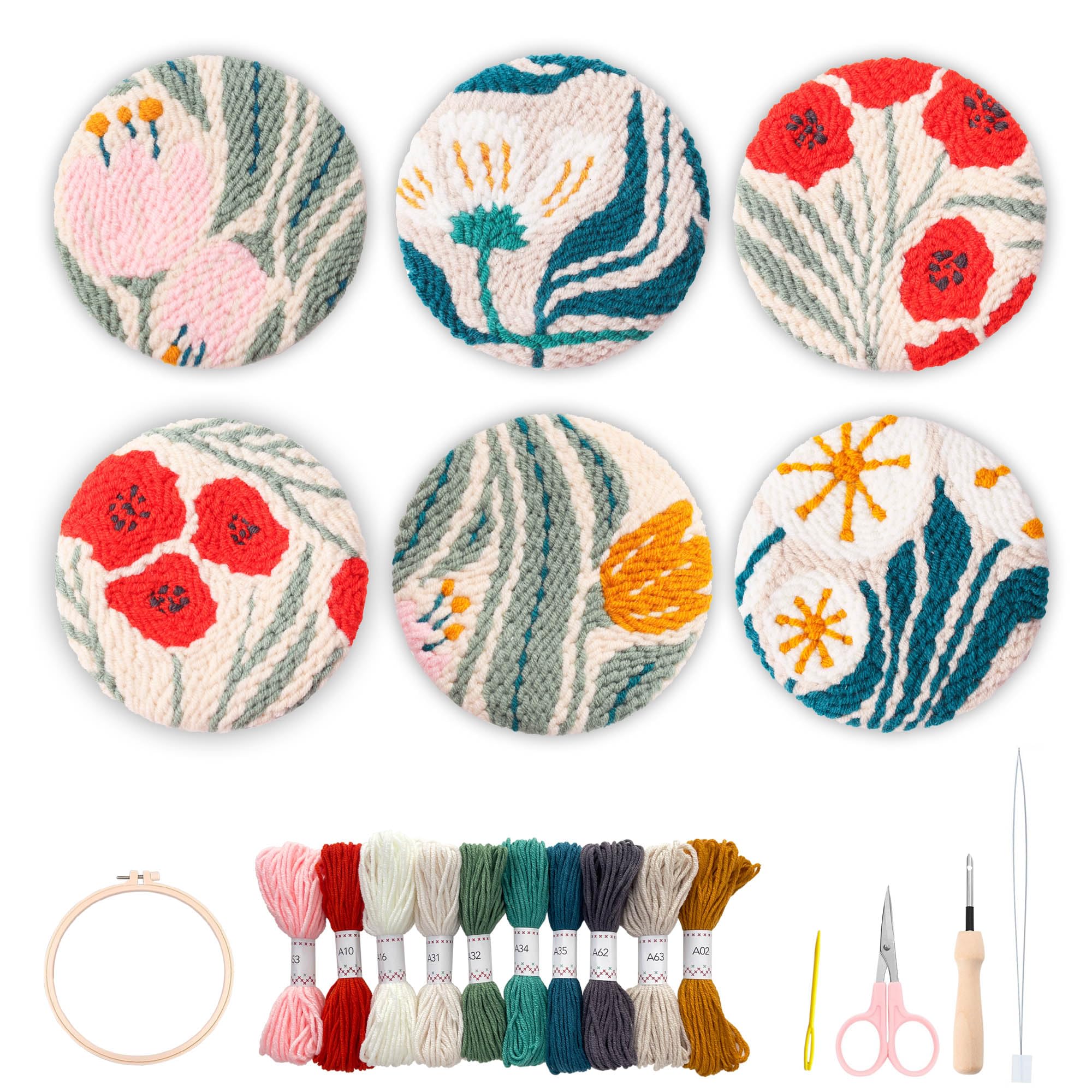 Punch Needle Embroidery Kit for Beginners – DIY Floral Coaster Craft Set with 6 Botanical Patterns, Yarn, Tools & Video Tutorial