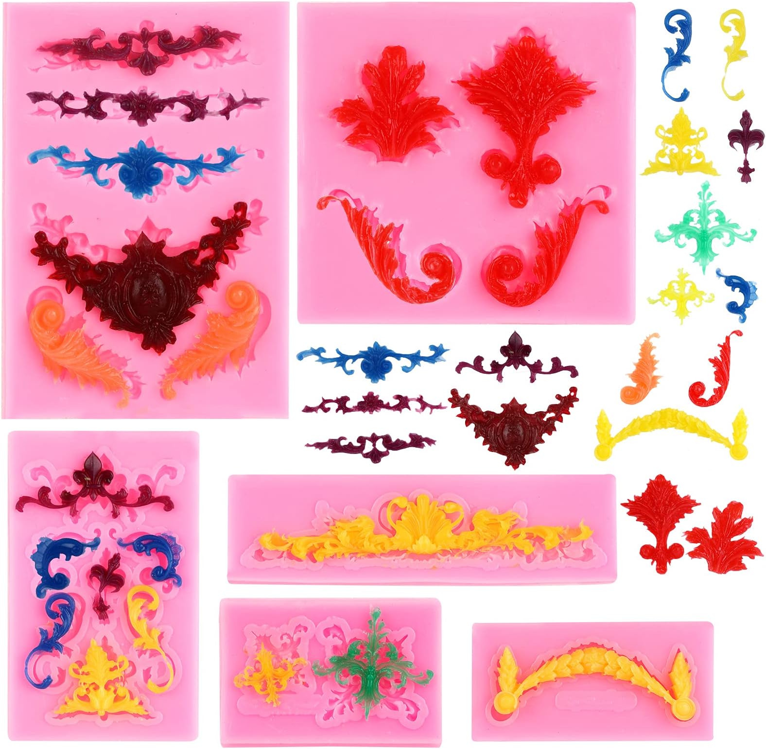 Sulawskys 6 Pieces Baroque Fondant Mold for Filigree Mold 3D Sculpted Flower Cake Border Decoration Cupcake Topper, Jewelry, Crafting Projects